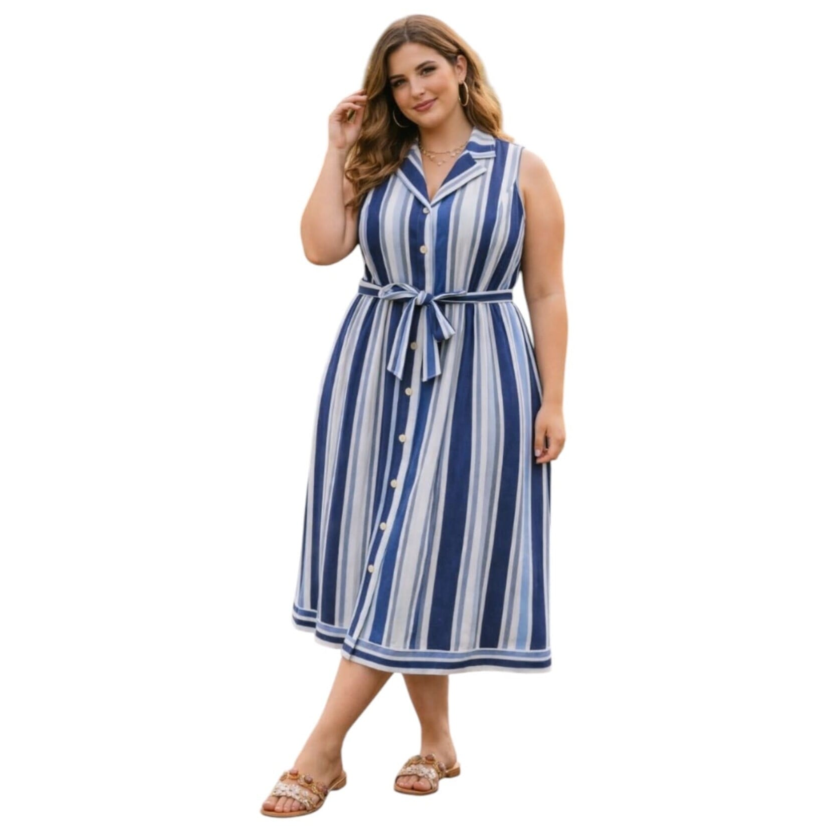 ANGELA PLUS ANGELA PLUS STRIPE BUTTON UP SLEEVELESS DRESS M10845WX