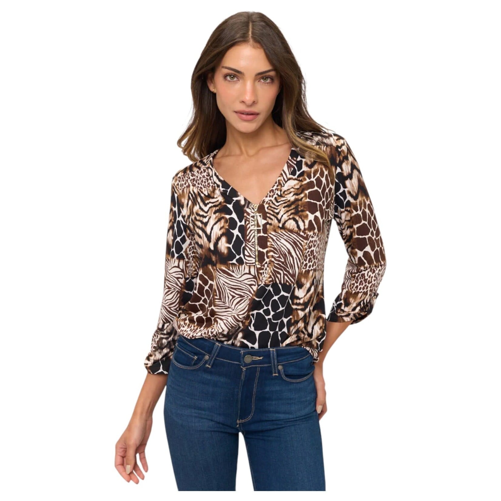 PERSEPTION PERSEPTION SQUARE ZIPPER PATTERNED 3/4 SLEEVE TOP TP-MS-1425