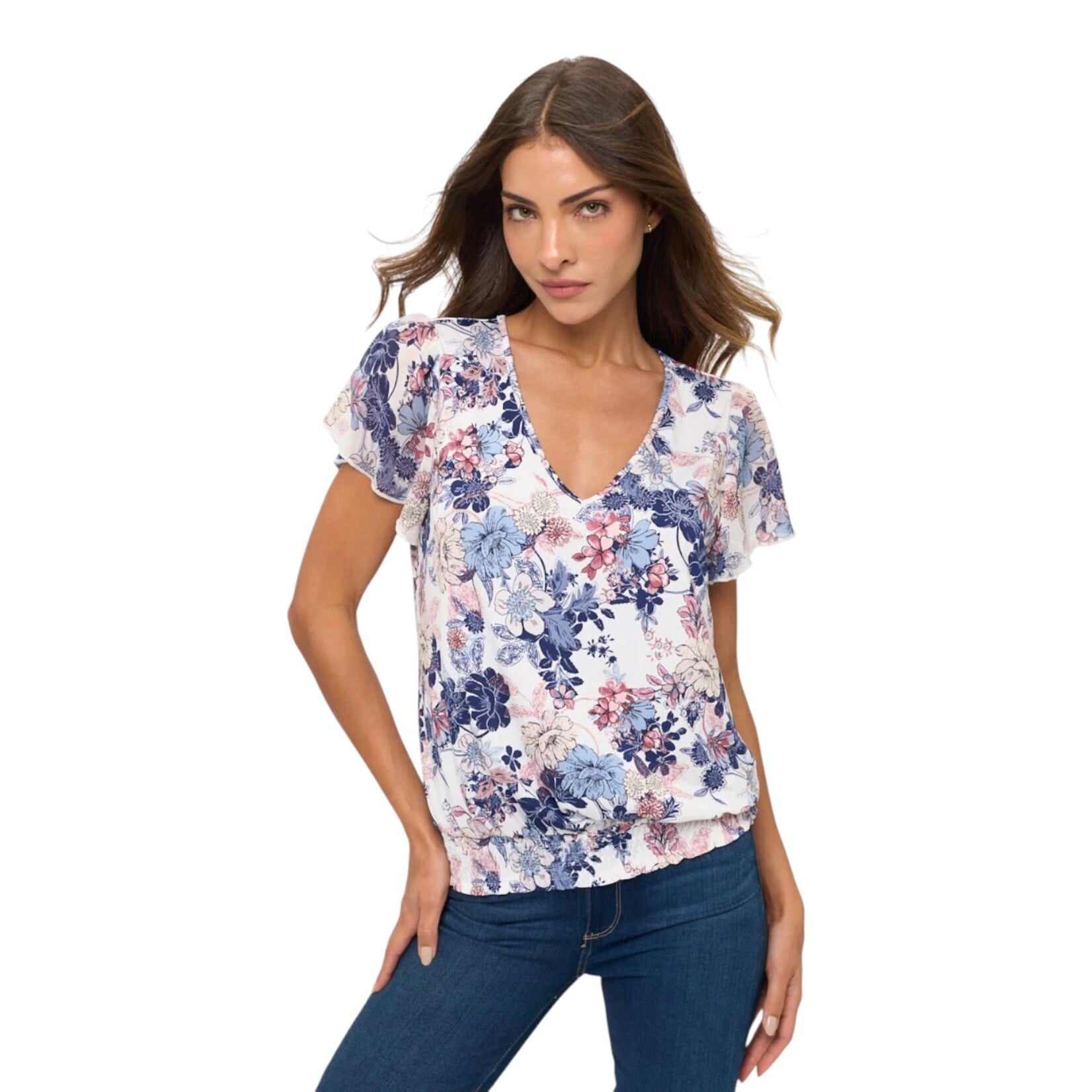PERSEPTION PERSEPTION FLORAL FRILL SLEEVE TOP TP-MS-1367