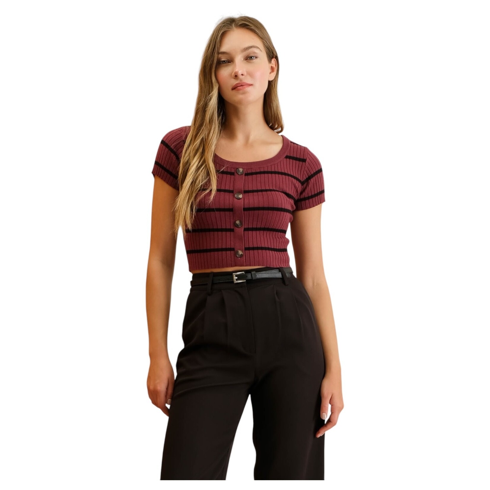 BLU PEPPER BLU PEPPER STRIPE SHORT SLEEVE BUTTON DOWN KNIT CROP TOP TW1409