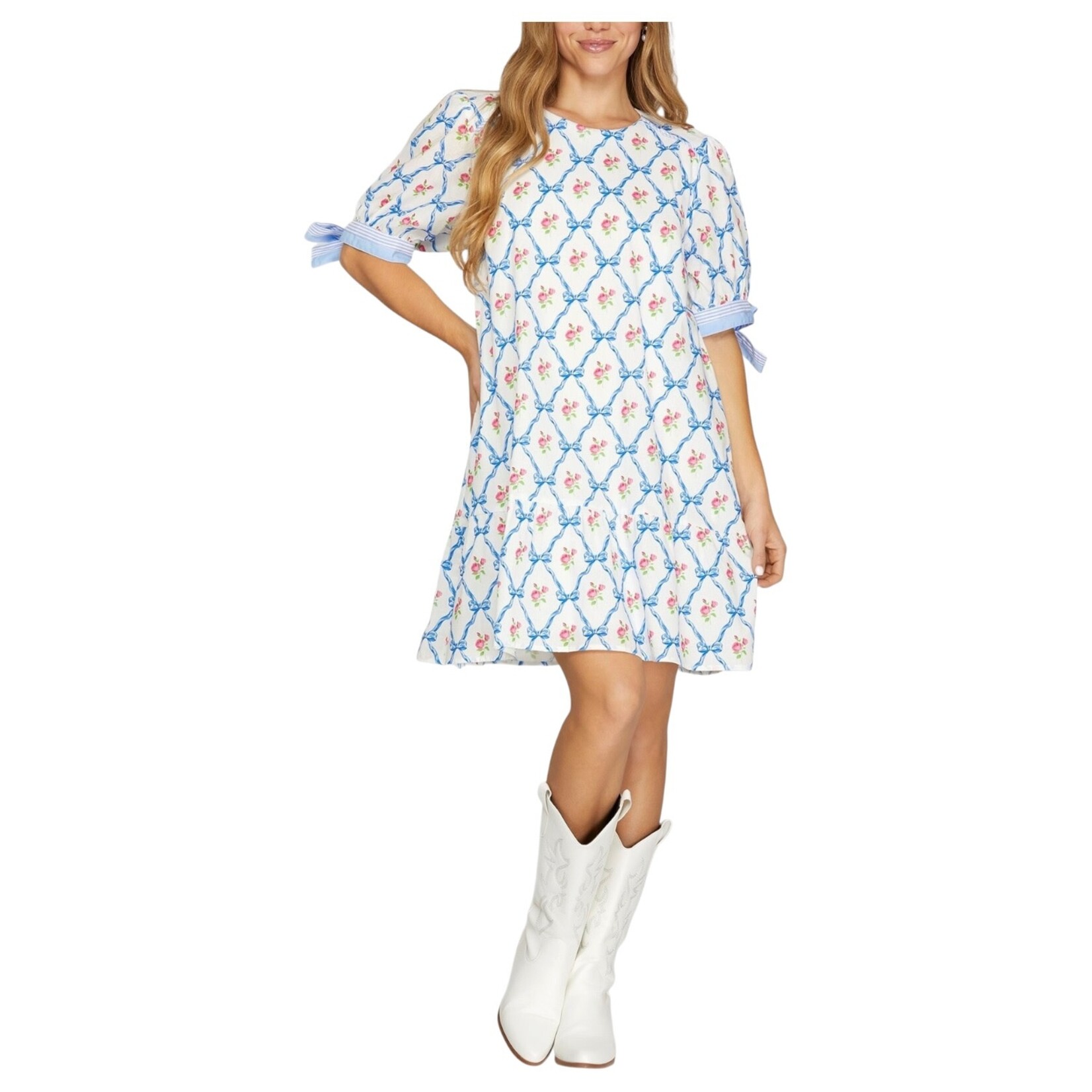 SHE & SKY SHE & SKY WOVEN PRINT TIED SHORT SLEEVE POCKET DRESS SY9097
