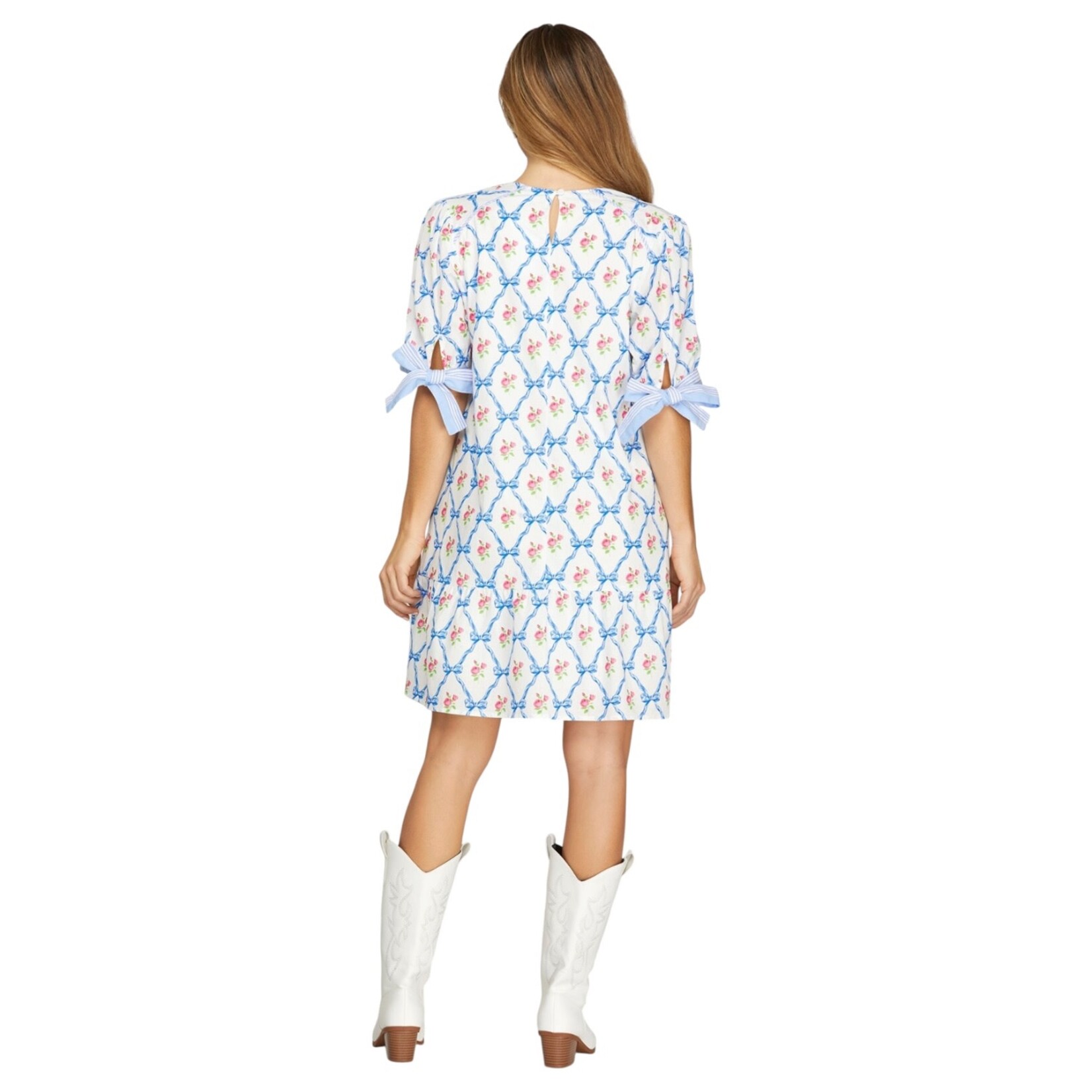 SHE & SKY SHE & SKY WOVEN PRINT TIED SHORT SLEEVE POCKET DRESS SY9097