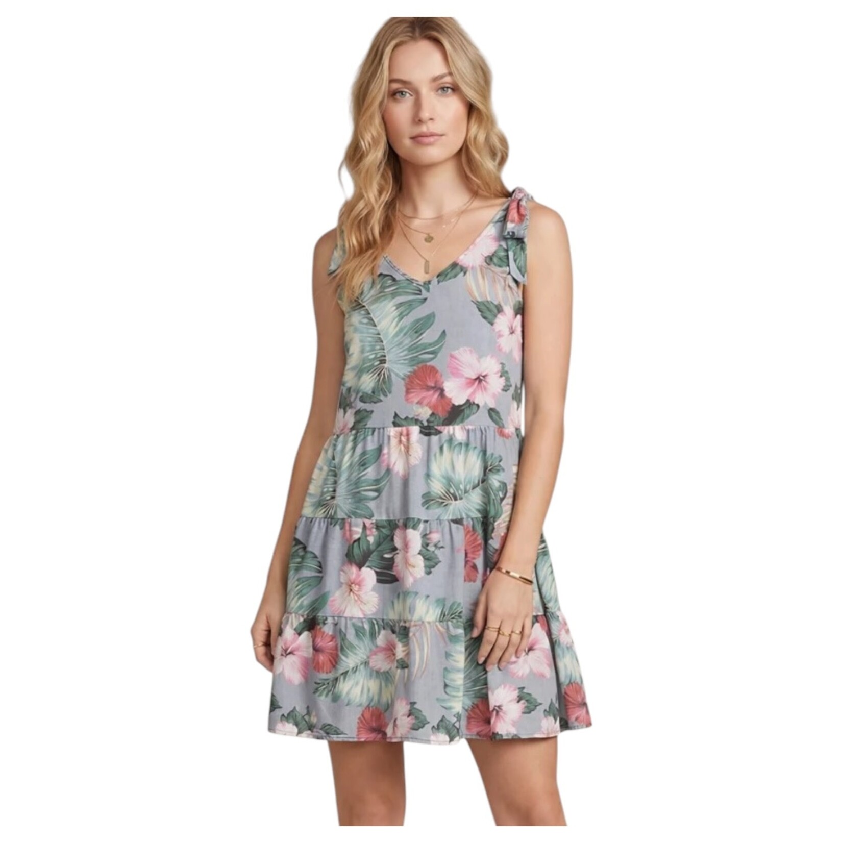 SHE & SKY SHE & SKY BOW SHOULDER WASHED FLORAL PRINT TIERED DRESS SY6948