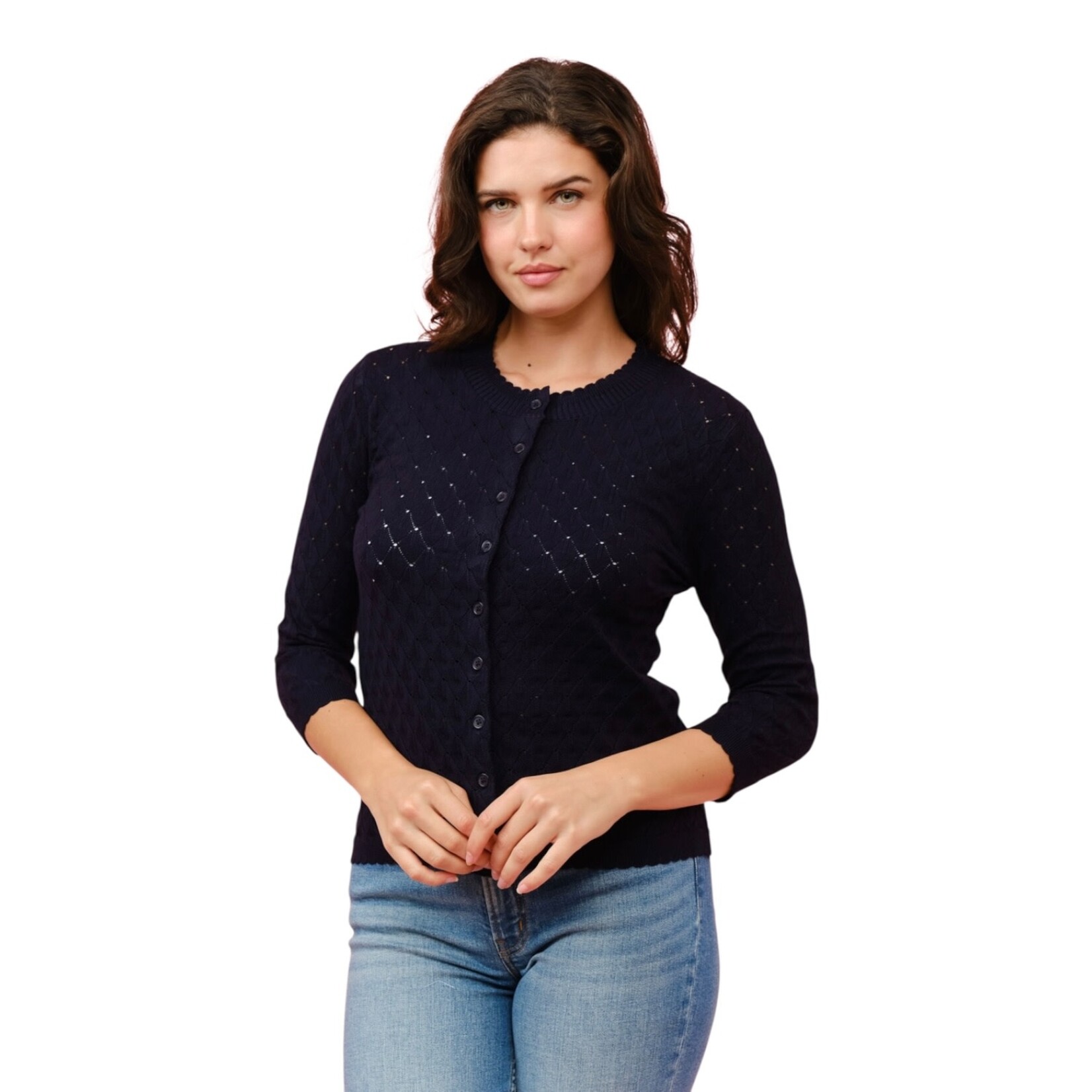 CIELO CIELO BUTTON UP POINTELLE 3/4 SLEEVE CARDIGAN SW232