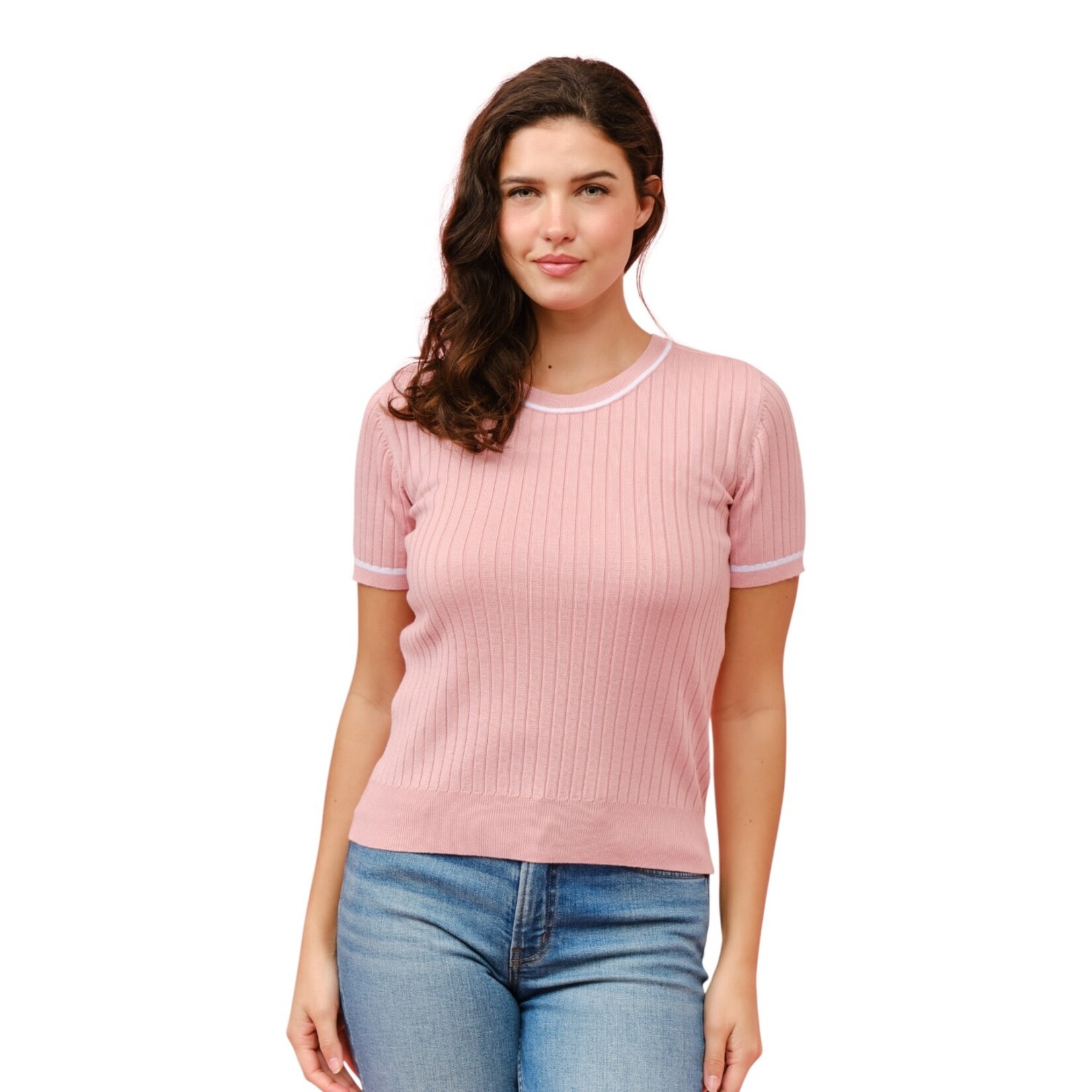 CIELO CIELO SHORT SLEEVE RIBBED CONTRAST TRIM SWEATER SW932