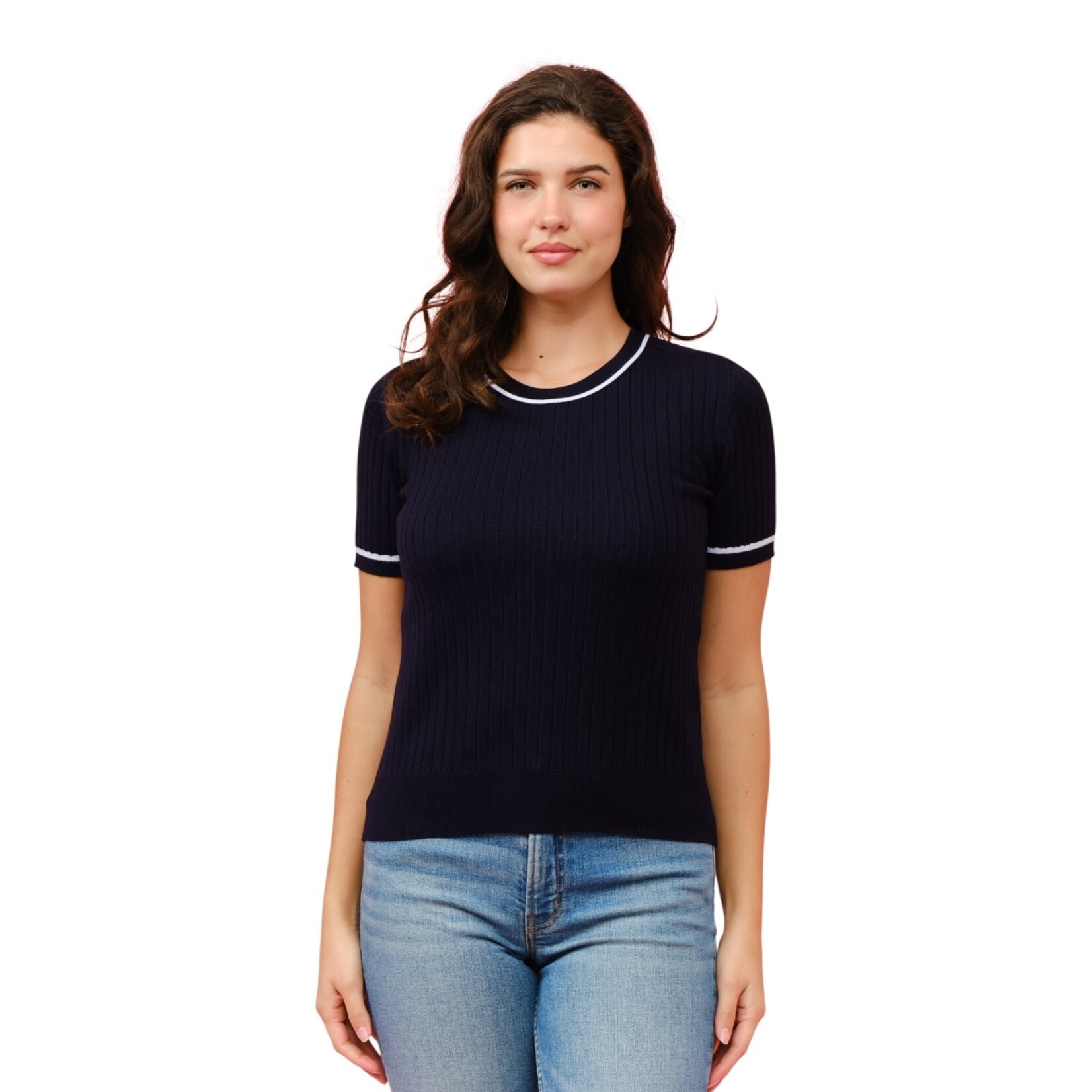 CIELO CIELO SHORT SLEEVE RIBBED CONTRAST TRIM SWEATER SW932