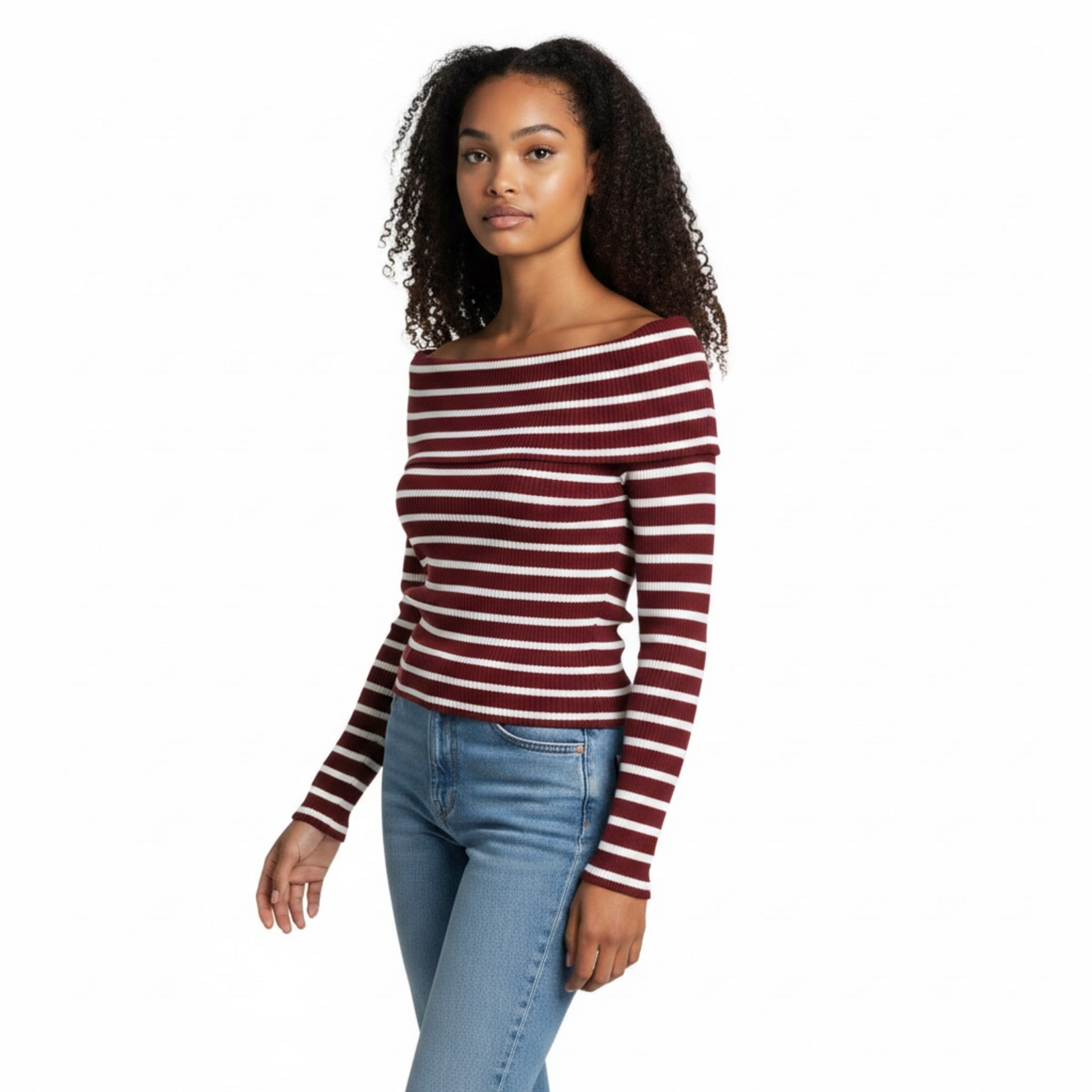 PAPERMOON PAPERMOON STRIPE OFF SHOULDER LONG SLEEVE TOP BE13147S