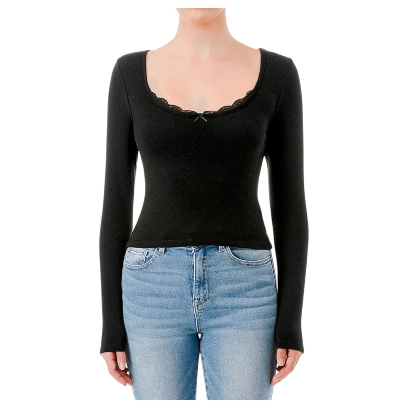 AMBIANCE APPAREL AMBIANCE LACE TRIM LONG SLEEVE TOP 76716