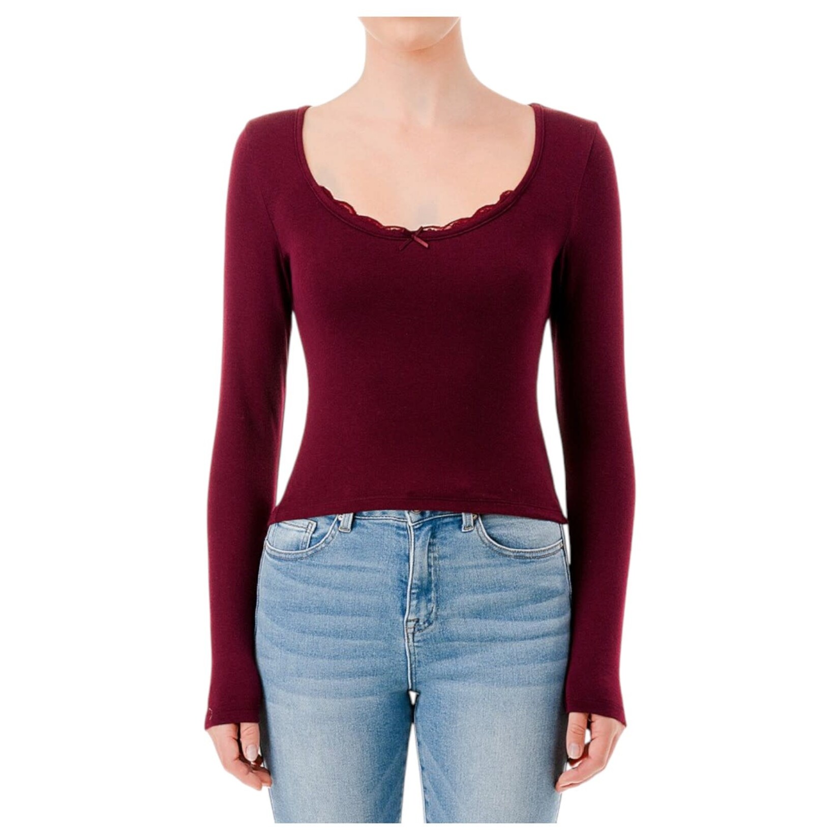 AMBIANCE APPAREL AMBIANCE LACE TRIM LONG SLEEVE TOP 76716