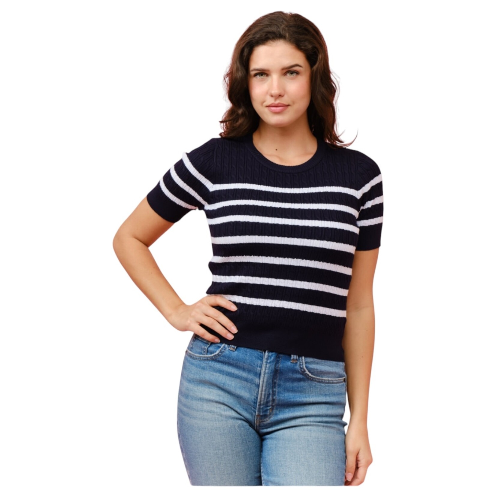 CIELO CIELO STRIPE TWISTED CABLE SHORT SLEEVE SWEATER SW413
