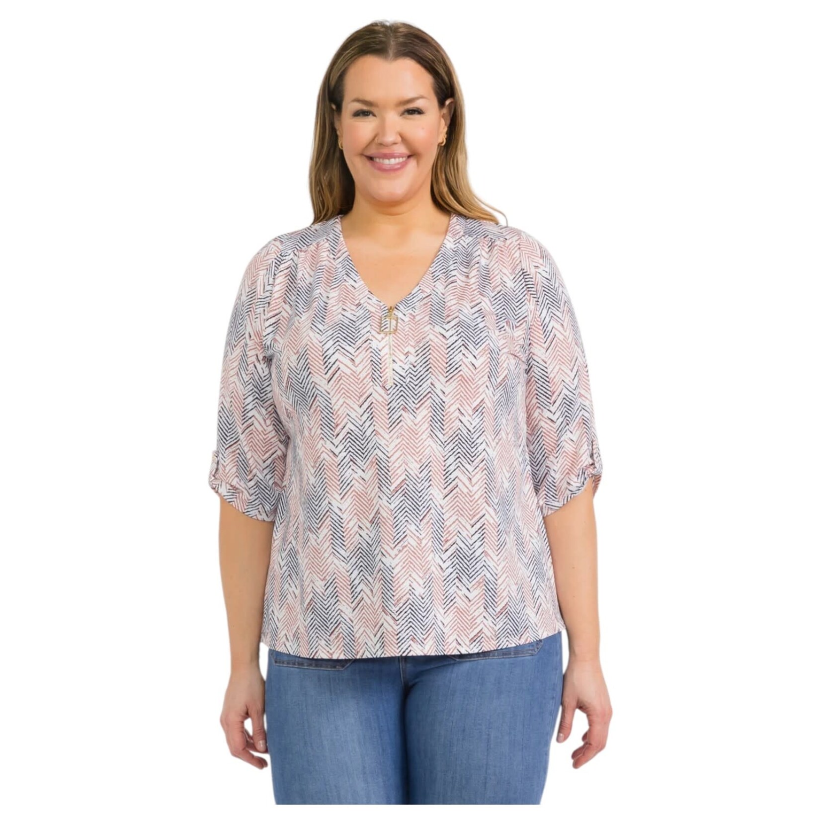 PERSEPTION PERSEPTION PLUS 3/4 SLEEVE SQUARE ZIPPER TOP TP-WM-1425