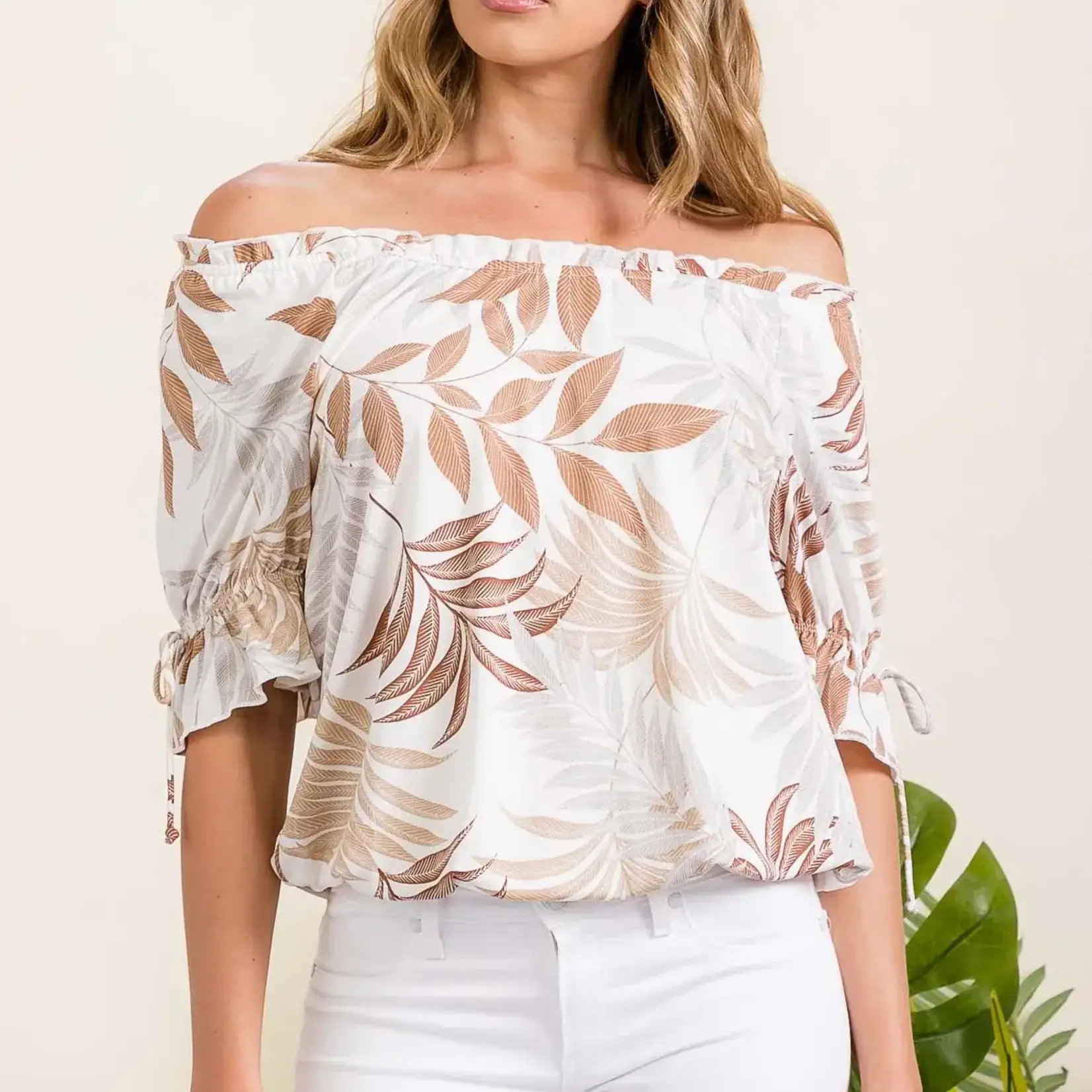PERSEPTION PERSEPTION OFF SHOULDER TIE 3/4 SLEEVE TOP TP-MS-1507