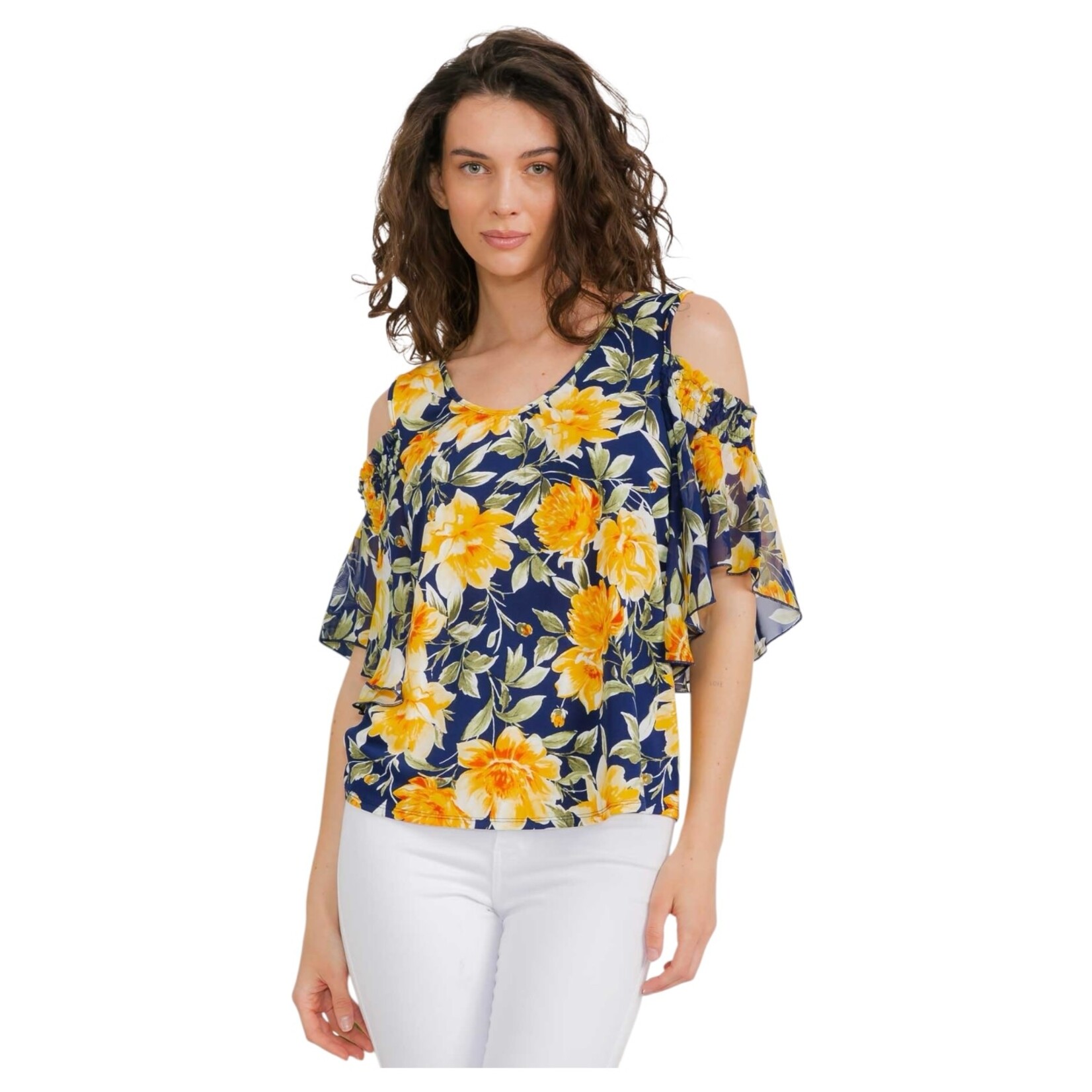 PERSEPTION PERSEPTION MIXED MEDIA FLUTTER COLD SHOULDER TOP TP-MS-1518