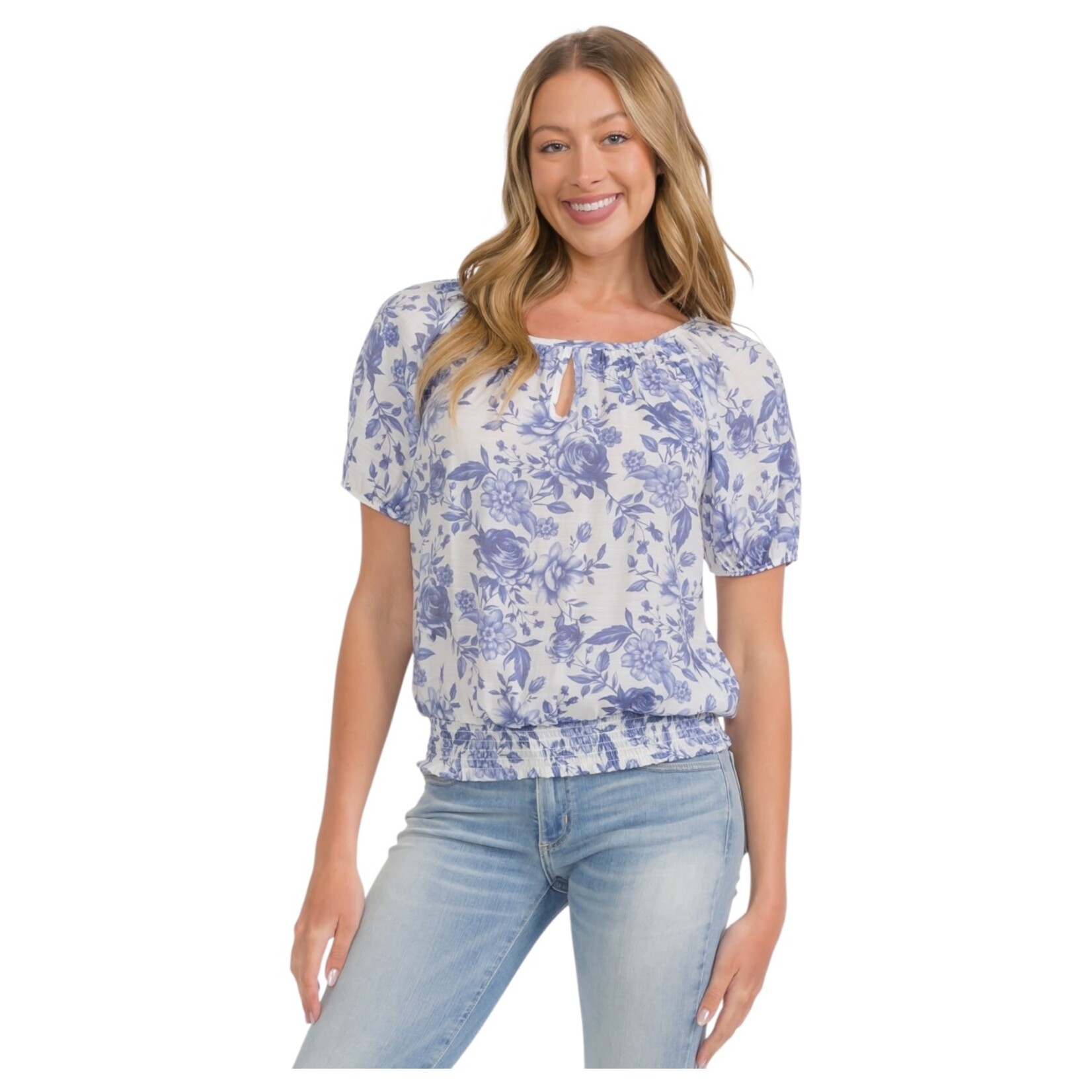 PERSEPTION PERSEPTION SHORT SLEEVE FLORAL BUBBLE PEASANT BLOUSE TP-MS-2097