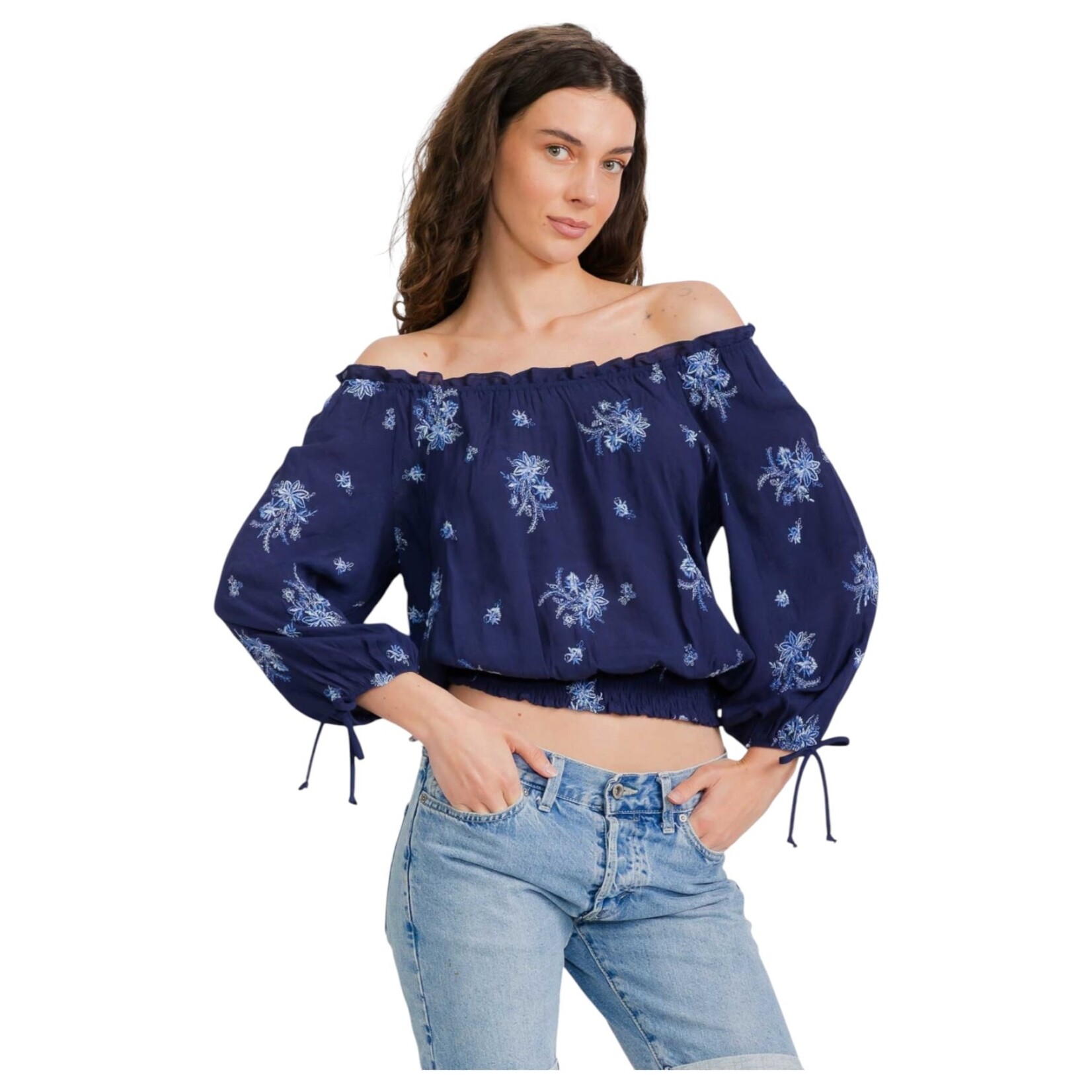 PERSEPTION PERSEPTION EMBROIDERY RUFFLE NECK SMOCKING HEM TIE BLOUSE TP-MS-2030
