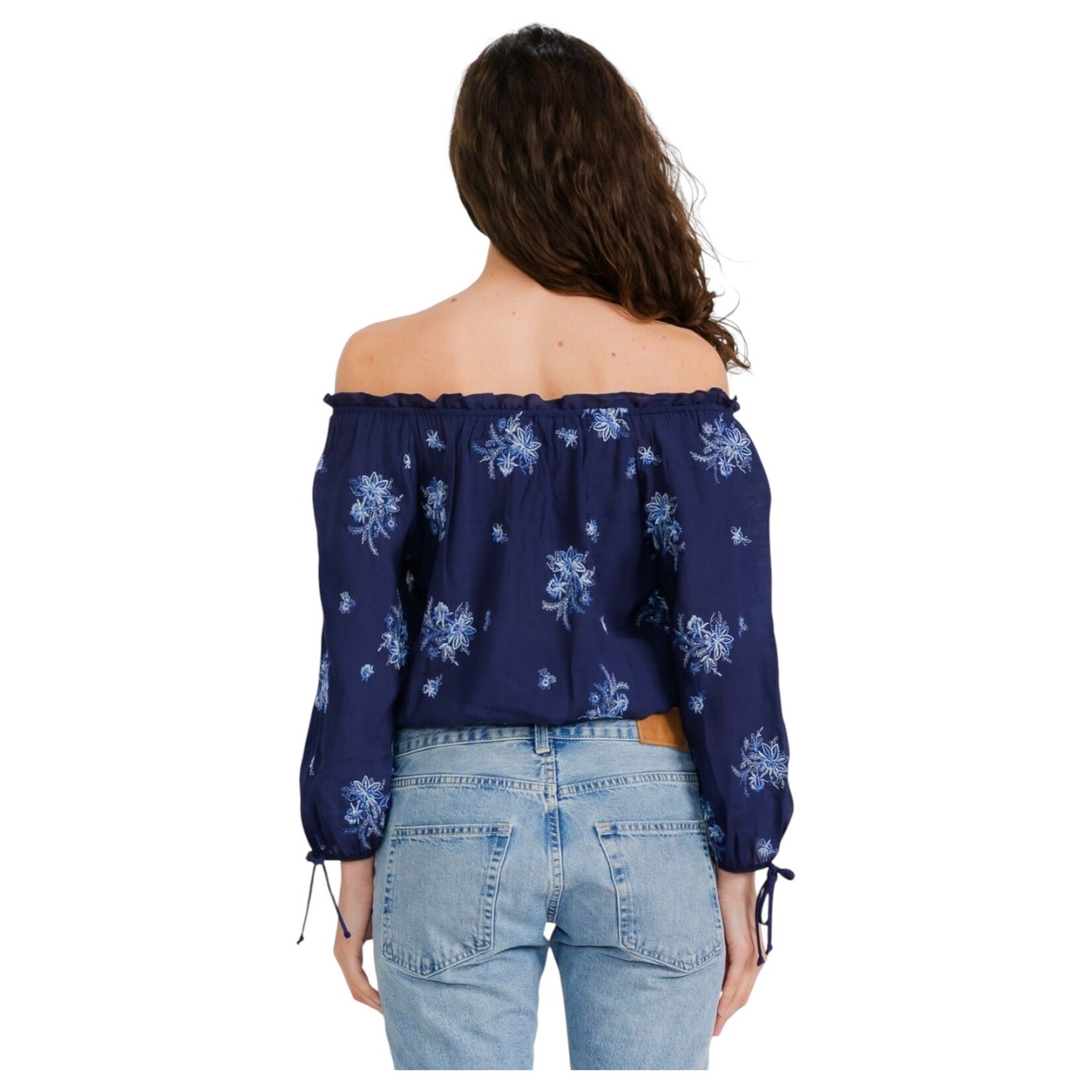 PERSEPTION PERSEPTION EMBROIDERY RUFFLE NECK SMOCKING HEM TIE BLOUSE TP-MS-2030