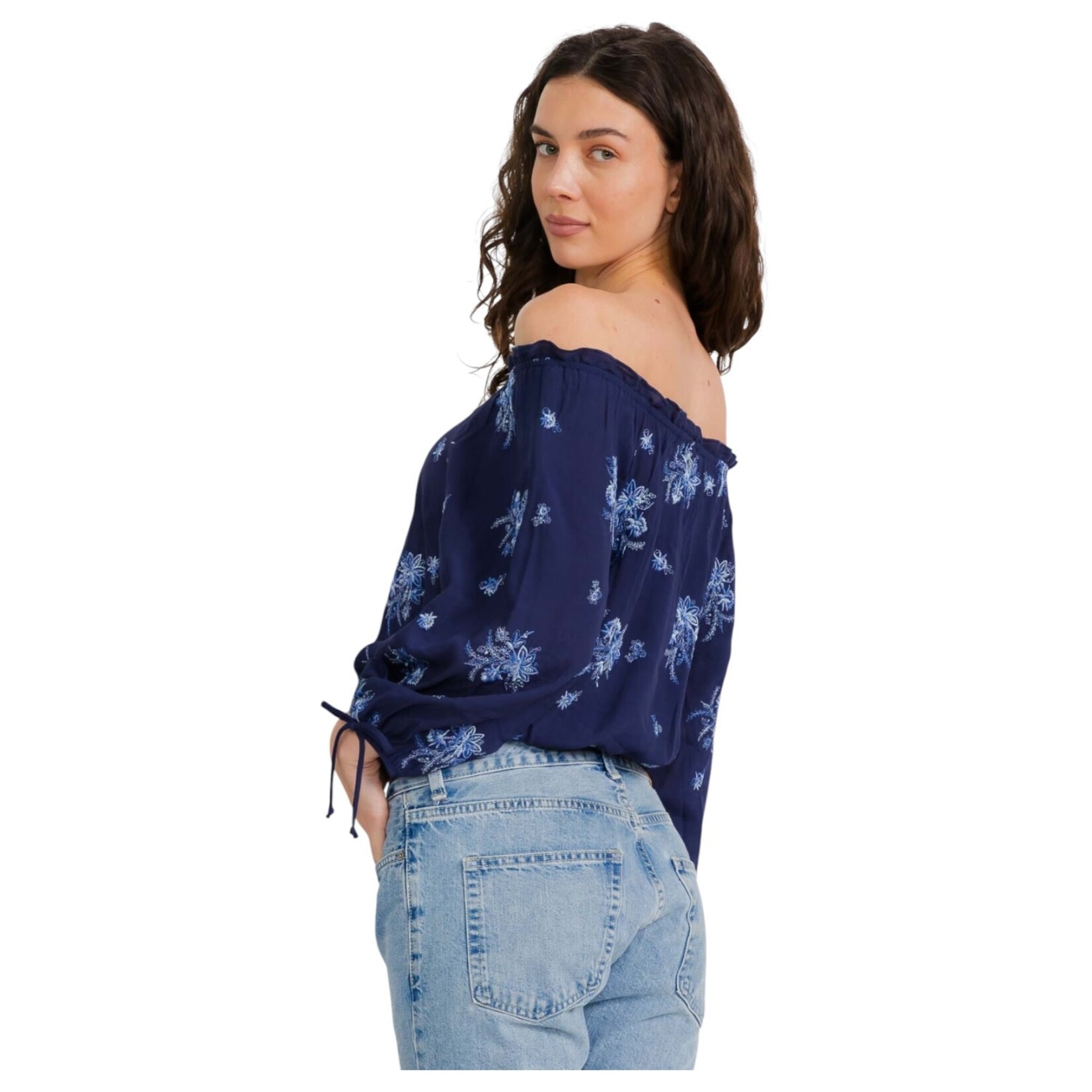 PERSEPTION PERSEPTION EMBROIDERY RUFFLE NECK SMOCKING HEM TIE BLOUSE TP-MS-2030
