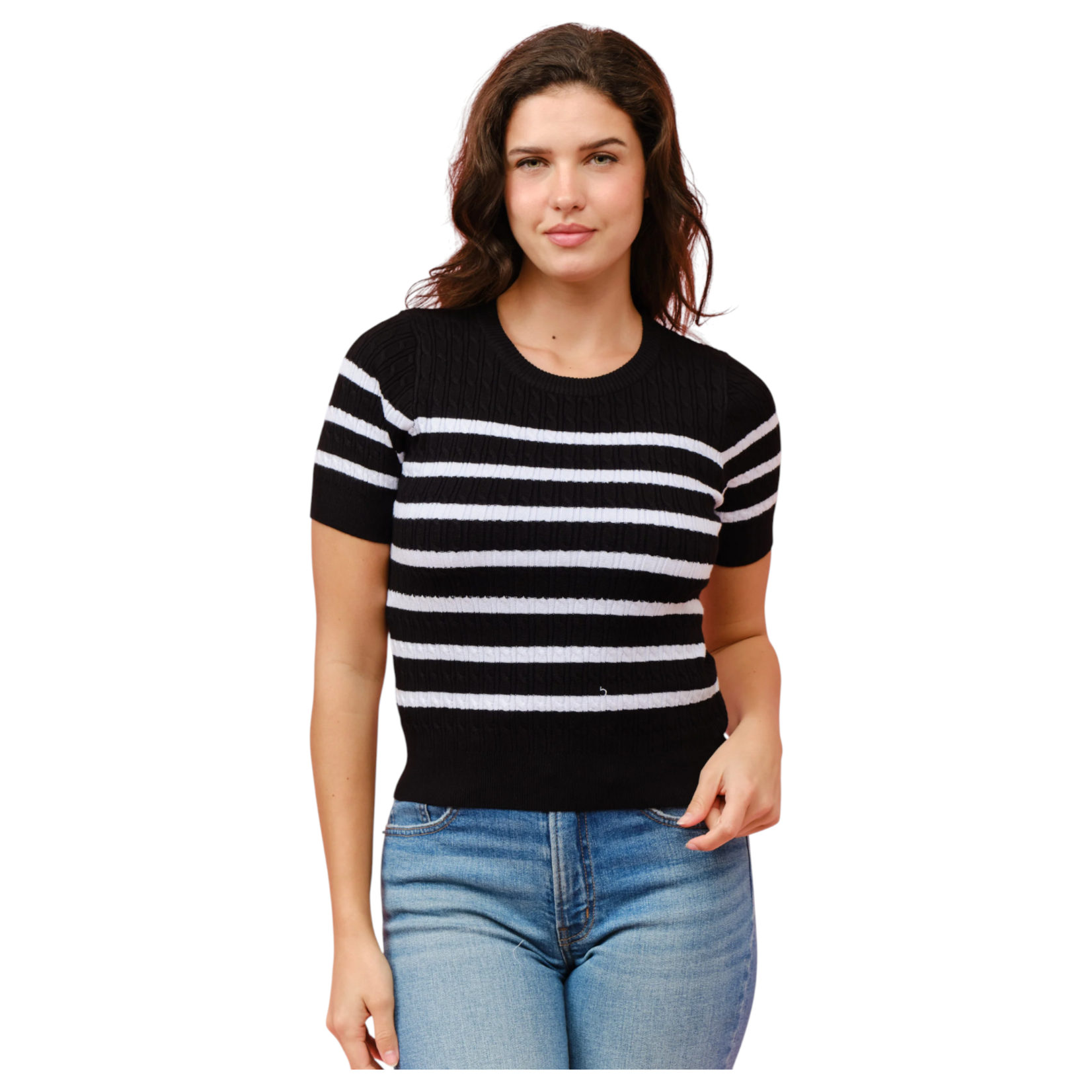 CIELO CIELO STRIPE TWISTED CABLE SHORT SLEEVE SWEATER SW413