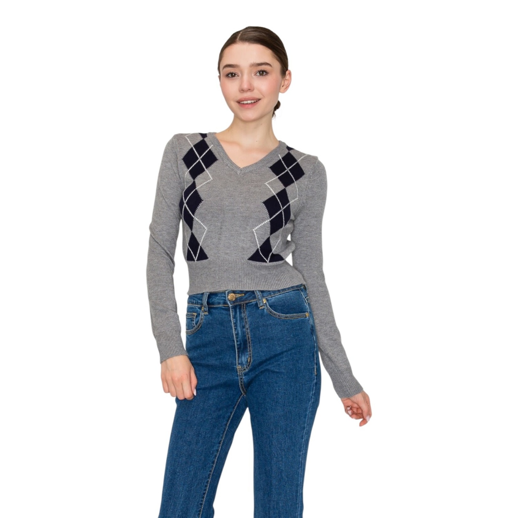 IRIS IRIS GEOMETRIC ARGYLE CROP SWEATER BSW06289