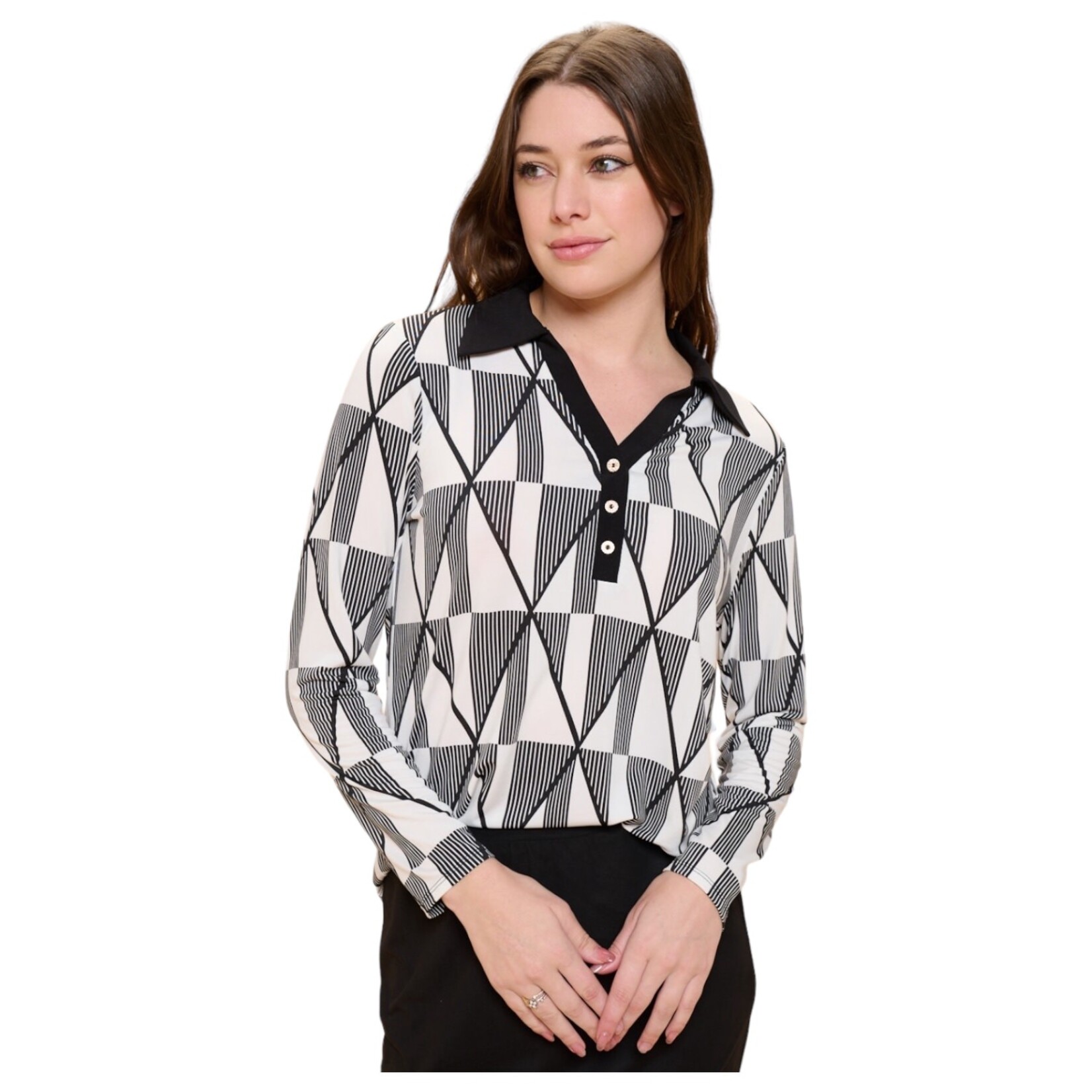 PERSEPTION PERSEPTION GEOMETRIC PATTERN HALF PLACKET LONG SLEEVE TOP TP-MS-1765