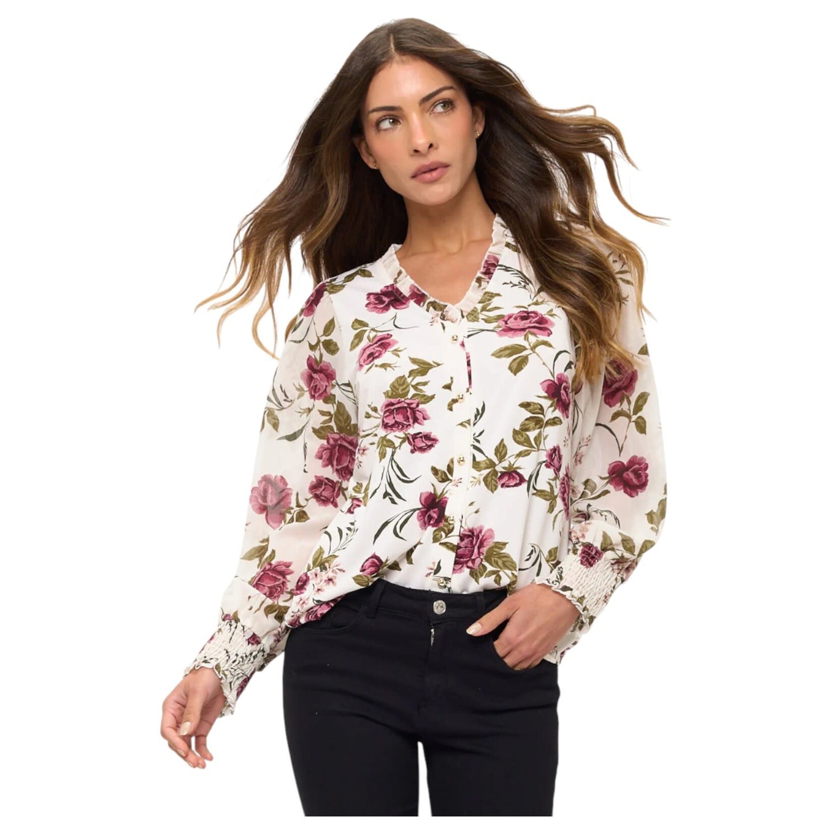 PERSEPTION PERSEPTION FLORAL BUTTON UP LONG SLEEVE TOP TP-MS-2212