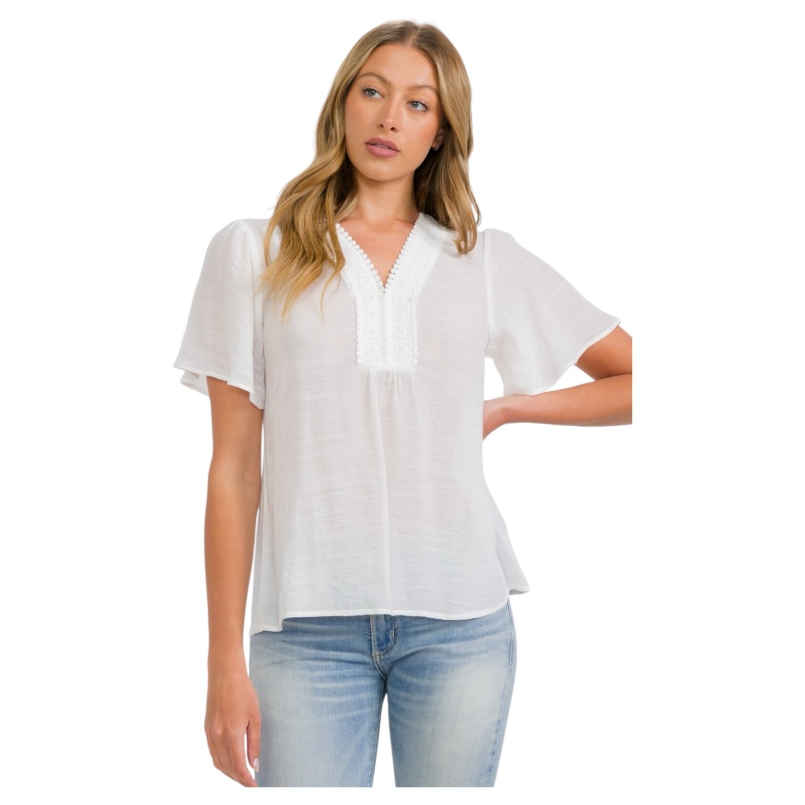 PERSEPTION PERSEPTION CROCHET TRIM V-NECK ANGEL SLEEVE TP-MS-2028