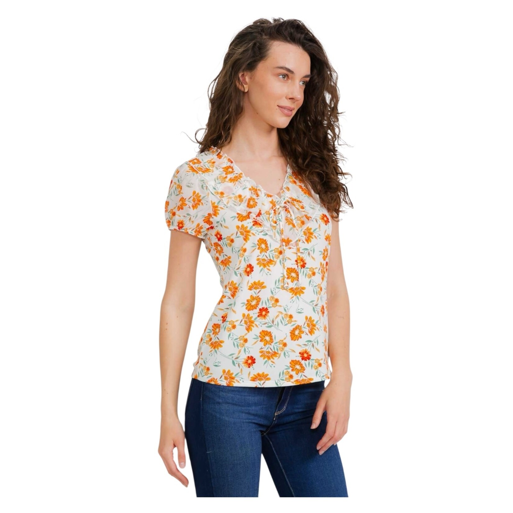 PERSEPTION PERSEPTION MIXED MEDIA RUFFLE FRONT TIE PUFF SHORT SLEEVE TOP TP-MS-2085