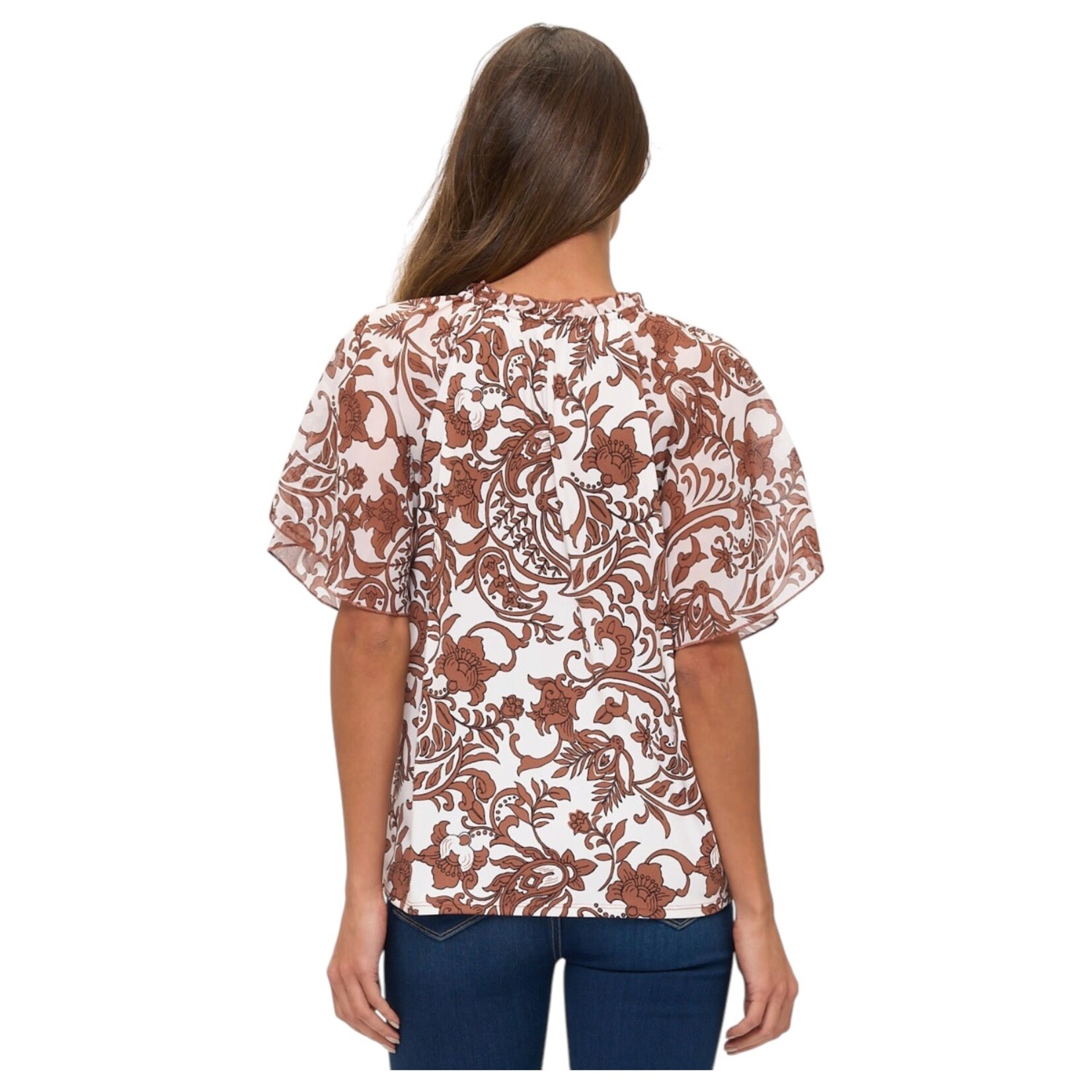 PERSEPTION PERSEPTION FLORAL TIE RUFFLE NECK SHORT SLEEVE TOP TP-MS-2084