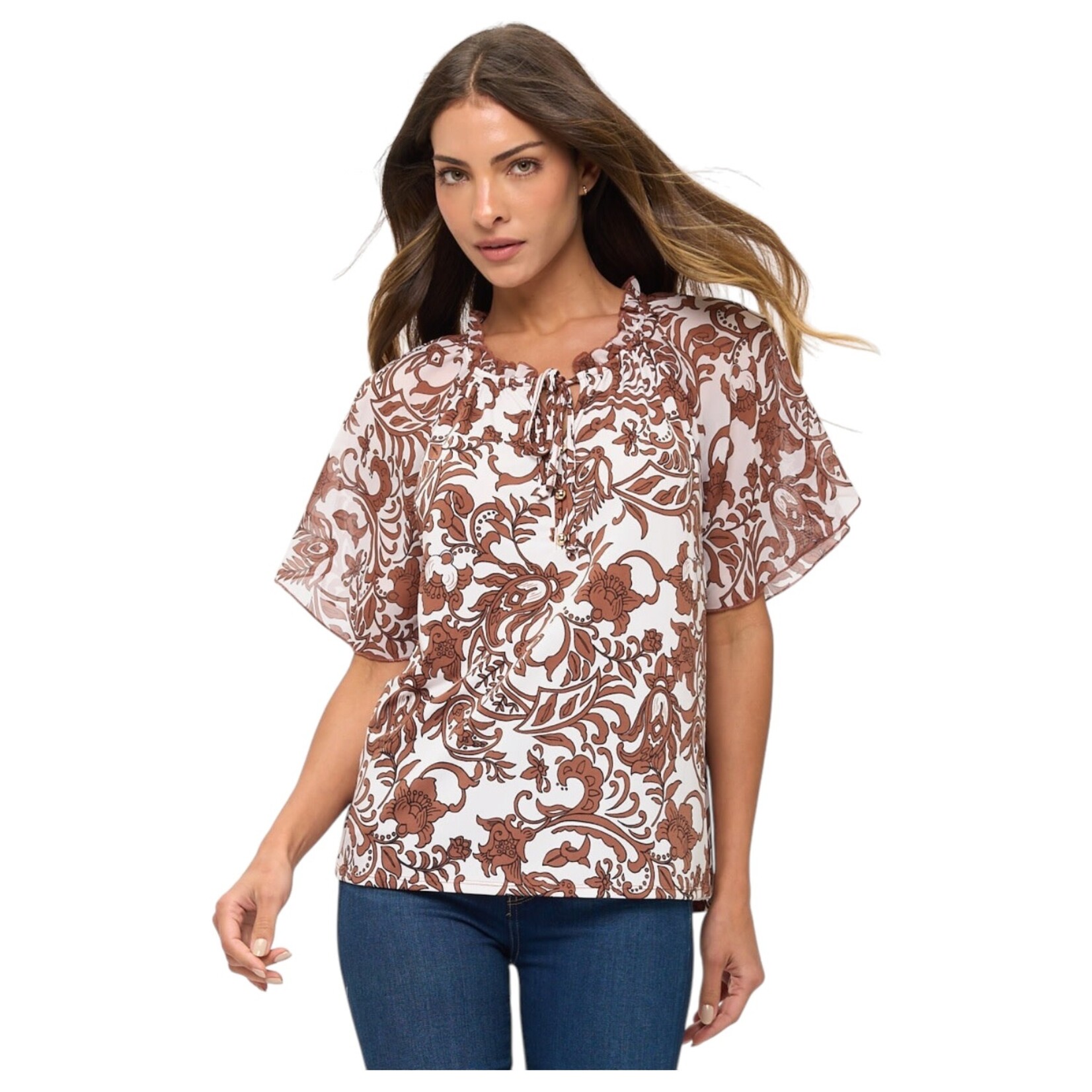 PERSEPTION PERSEPTION FLORAL TIE RUFFLE NECK SHORT SLEEVE TOP TP-MS-2084