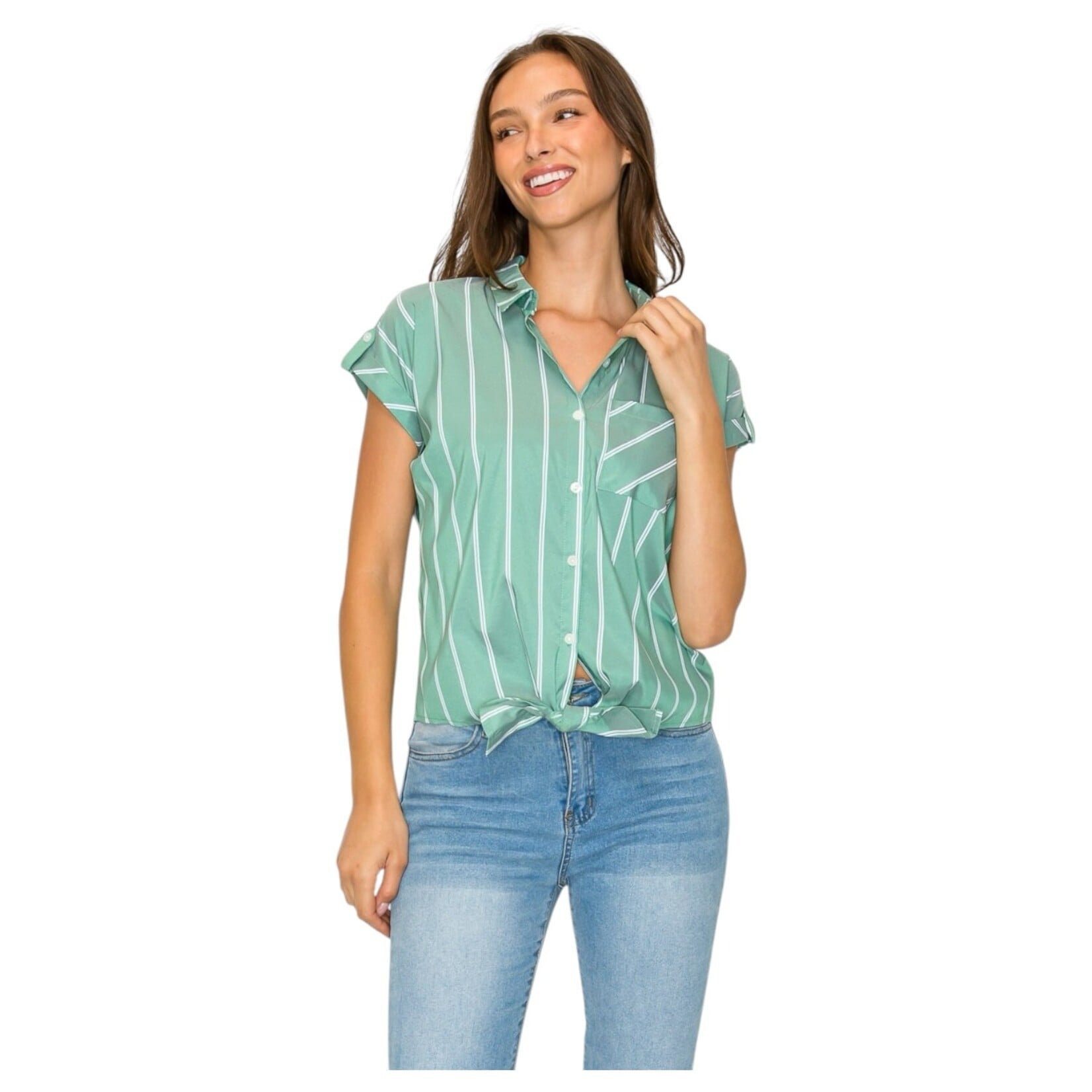 DNA DNA PLUS STRIPE COLLARED BUTTON UP TIE WAIST TOP 6482XB-22016