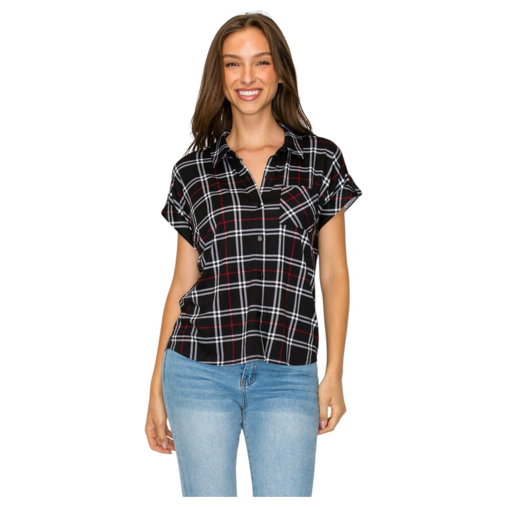 DNA DNA PLUS PLAID SHORT SLEEVE BUTTON UP TOP 6462XB-24076