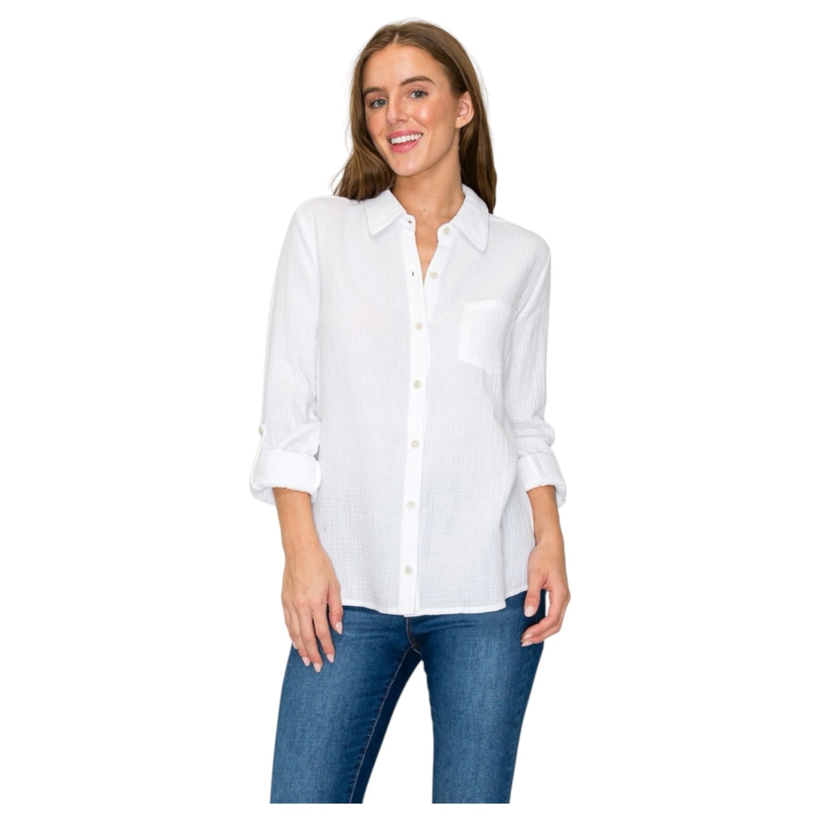 DNA DNA PLUS COTTON BUTTON UP ROLL TAB LONG SLEEVE TOP 6493XB-25099