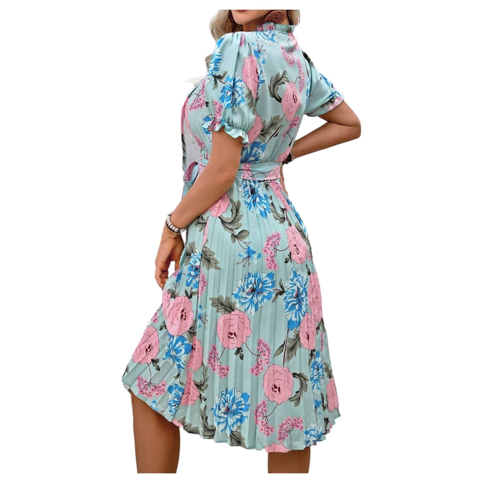MISS KELLY MISS KELLY FLORAL PUFF SLEEVE KEYHOLE TIE PLEATED MIDI DRESS SD5291