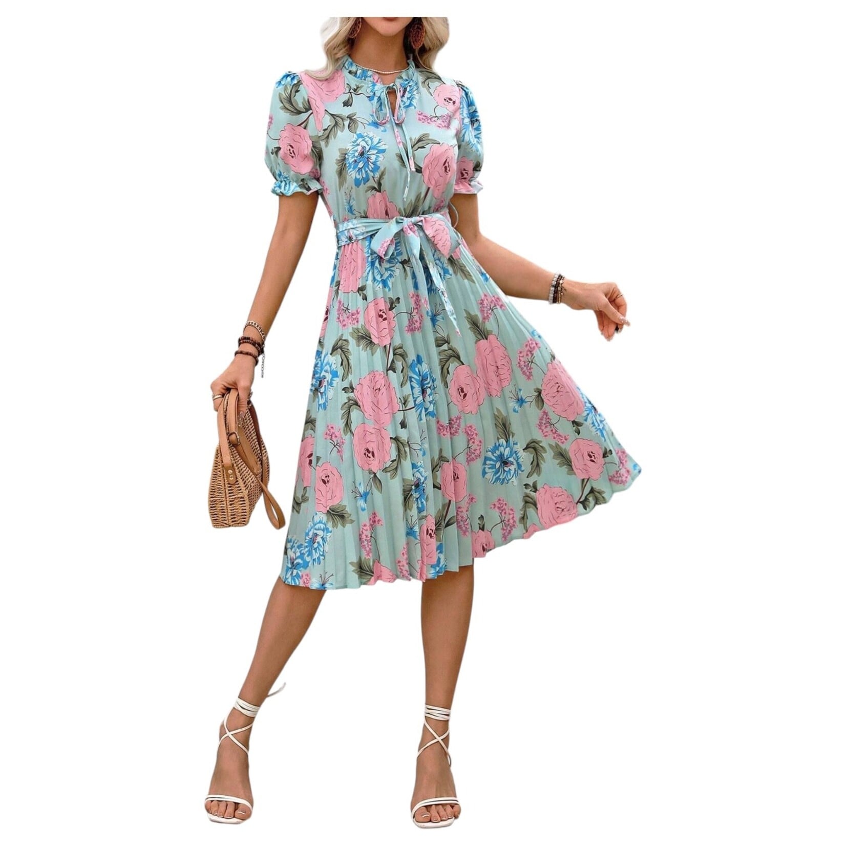 MISS KELLY MISS KELLY FLORAL PUFF SLEEVE KEYHOLE TIE PLEATED MIDI DRESS SD5291
