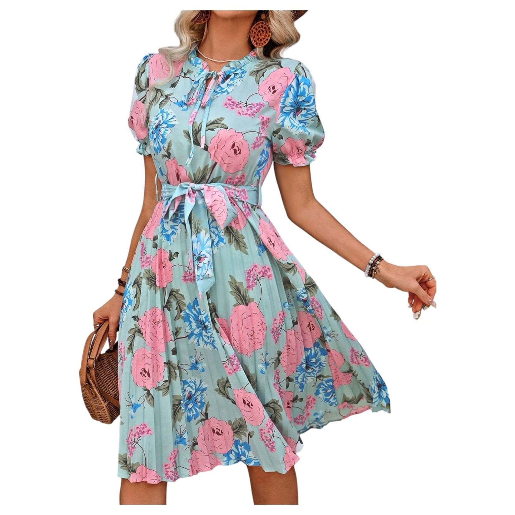 MISS KELLY MISS KELLY FLORAL PUFF SLEEVE KEYHOLE TIE PLEATED MIDI DRESS SD5291