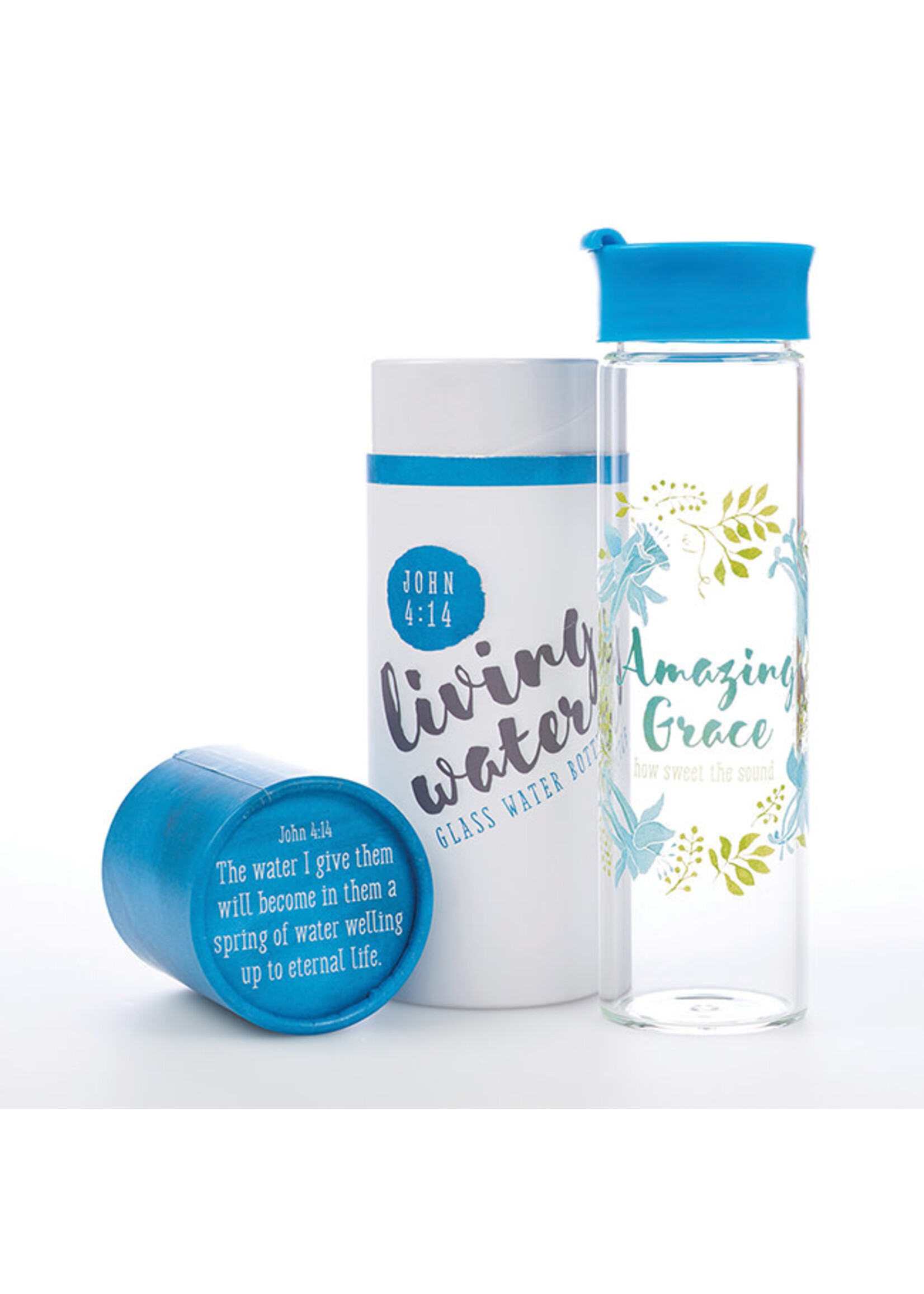Amazing Grace Glass Water Bottle - John 4:14 - Blue