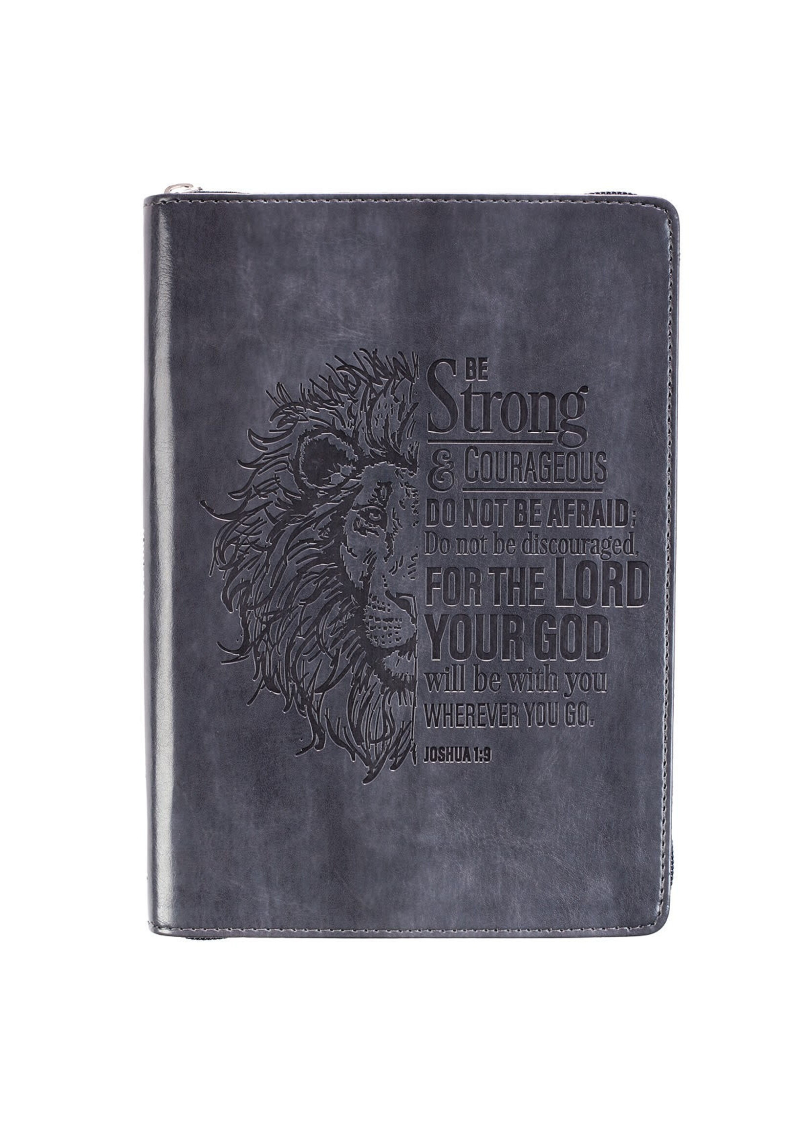 Be Strong & Courageous Faux Leather Journal with Zipper Closure - Gray