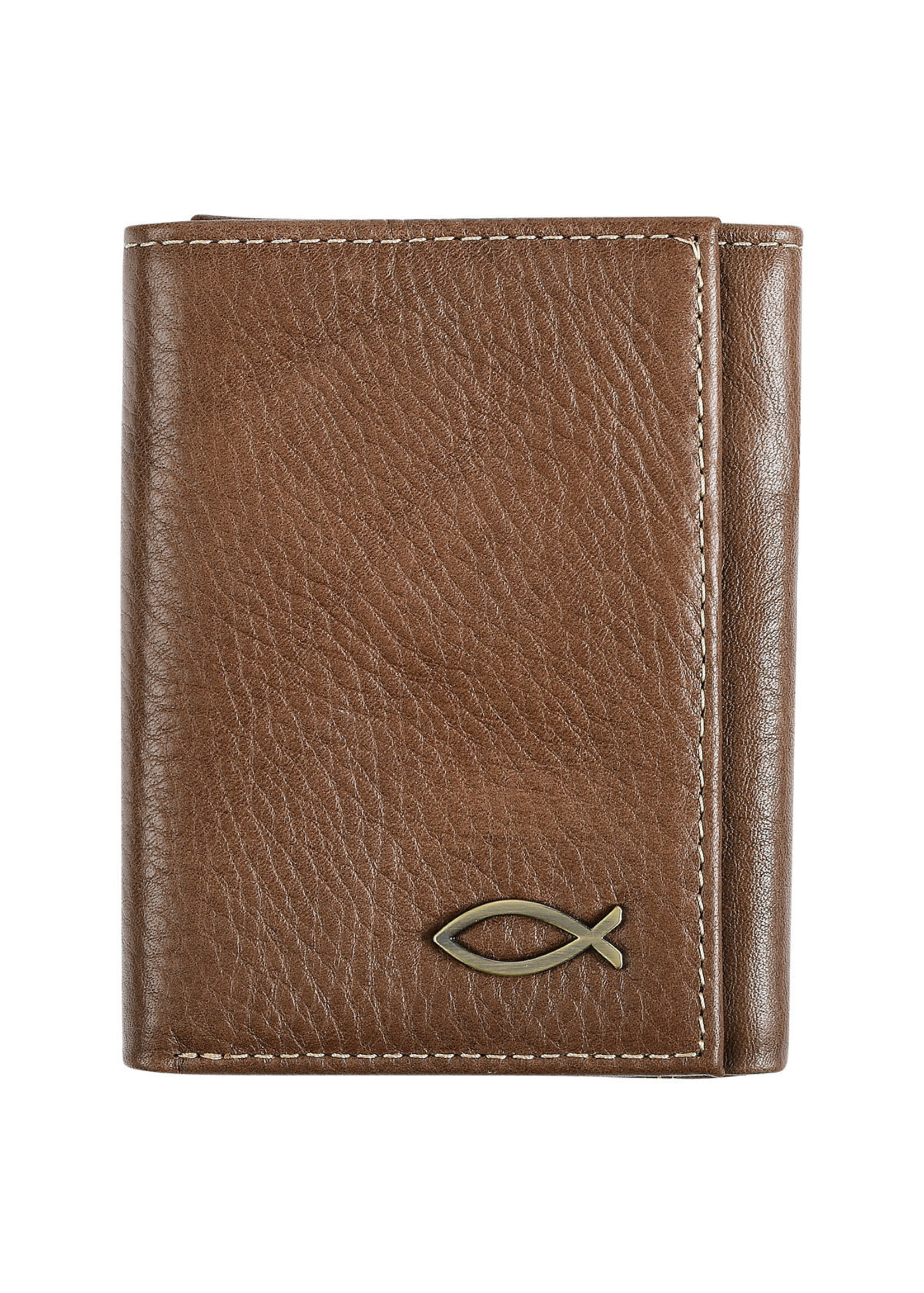 Ichthus Fish Brown Genuine Leather Trifold Wallet