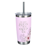 The Lord Bless & Keep You Pink Floral Stainless Steel Travel Tumbler with Straw