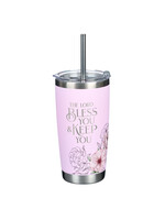 The Lord Bless & Keep You Pink Floral Stainless Steel Travel Tumbler with Straw