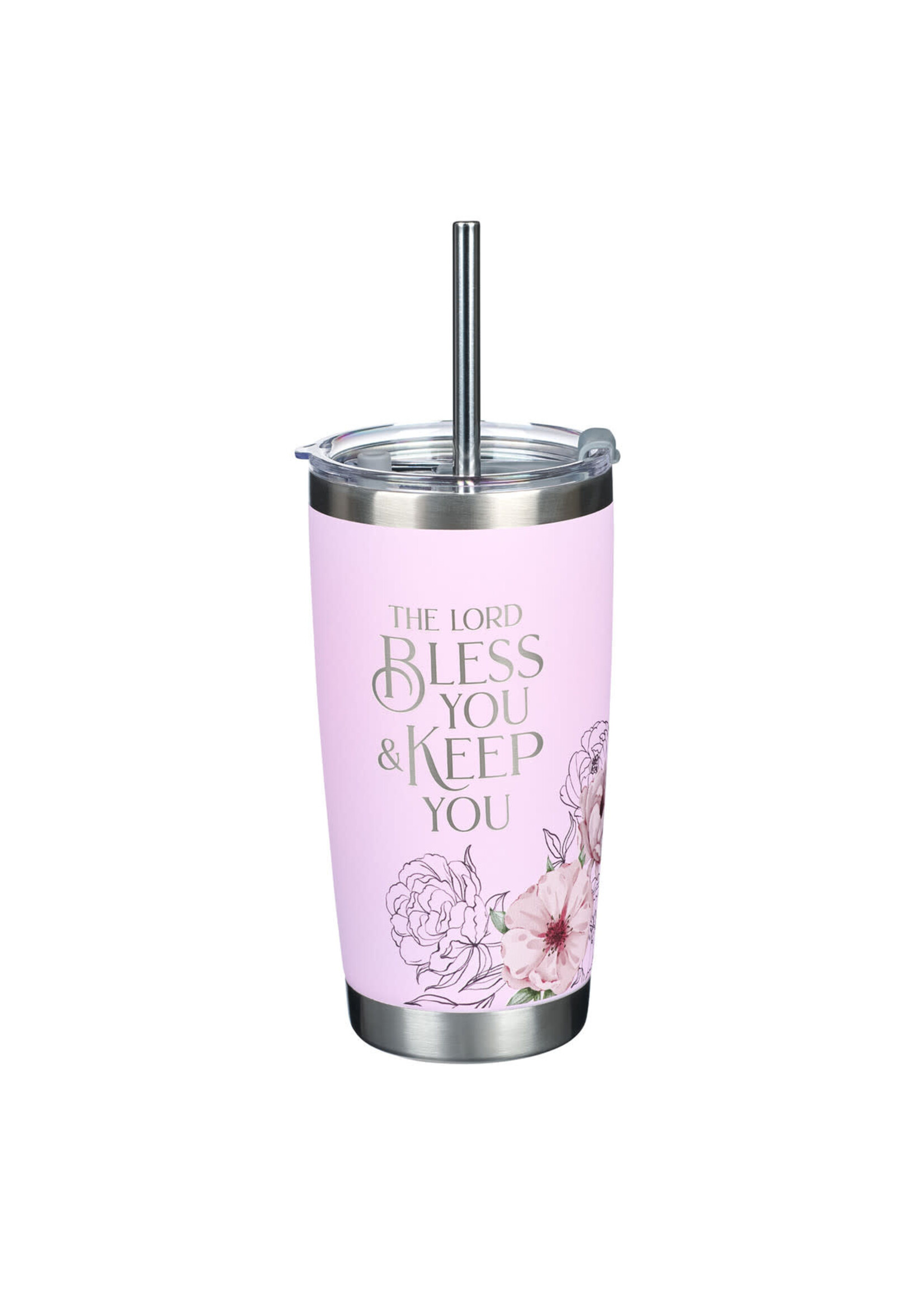 The Lord Bless & Keep You Pink Floral Stainless Steel Travel Tumbler with Straw