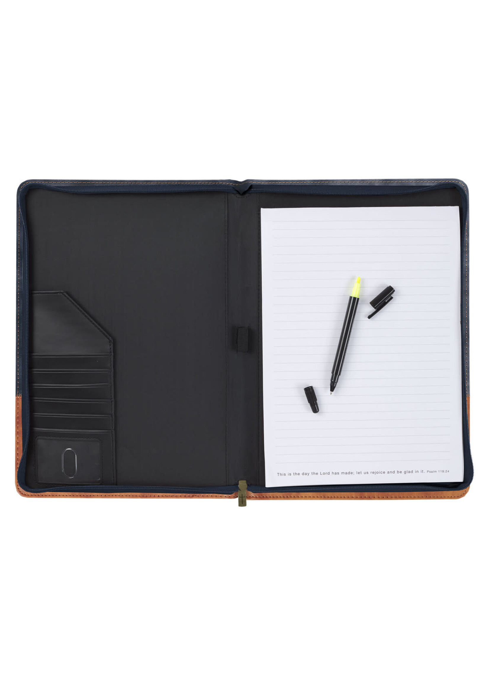 Strong and Courageous Butterscotch and Navy Faux Leather Padfolio - Joshua 1:9