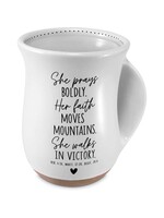 She Prays Boldly Handwarmer Mug - Heb. 4:16, Matt. 17:20, Deut 20:4 - White - 18 oz.