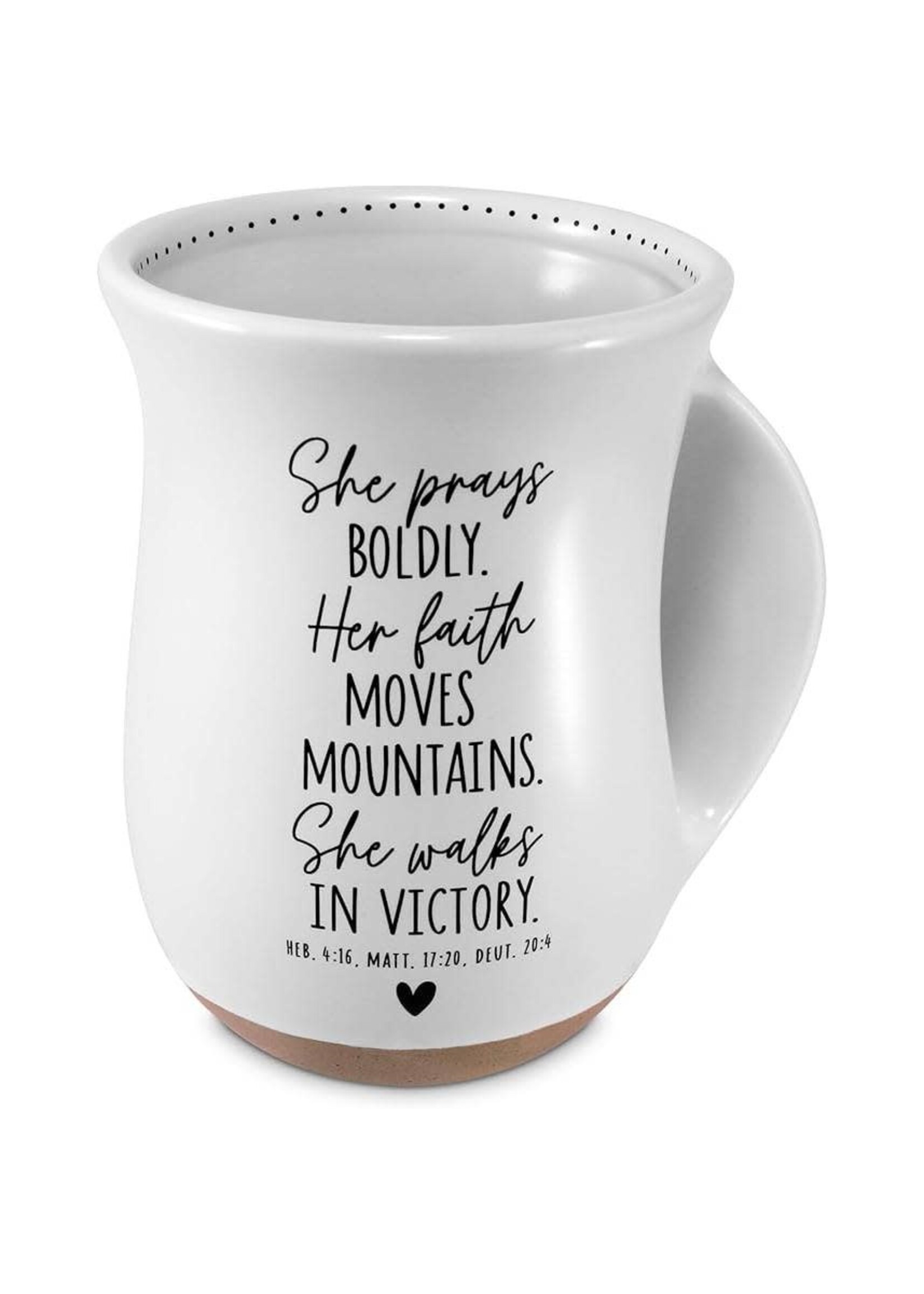 She Prays Boldly Handwarmer Mug - Heb. 4:16, Matt. 17:20, Deut 20:4 - White - 18 oz.
