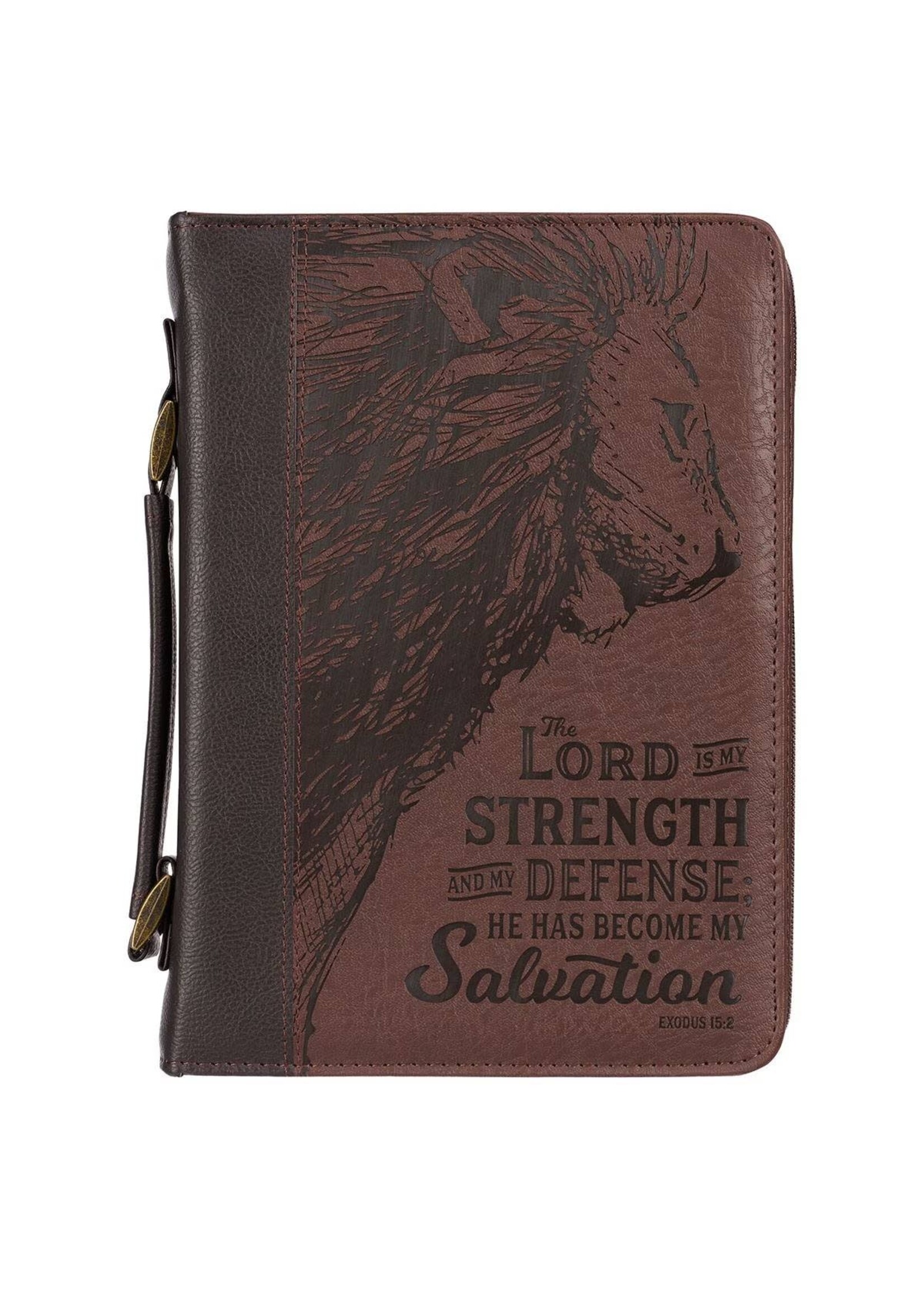 The Lord Is My Strength Walnut Brown Faux Leather Bible Cover - Exodus 15:2