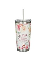 Be Still and Know Bright Floral Stainless Steel Travel Tumbler with Stainless Steel Straw - Psalm 46:10