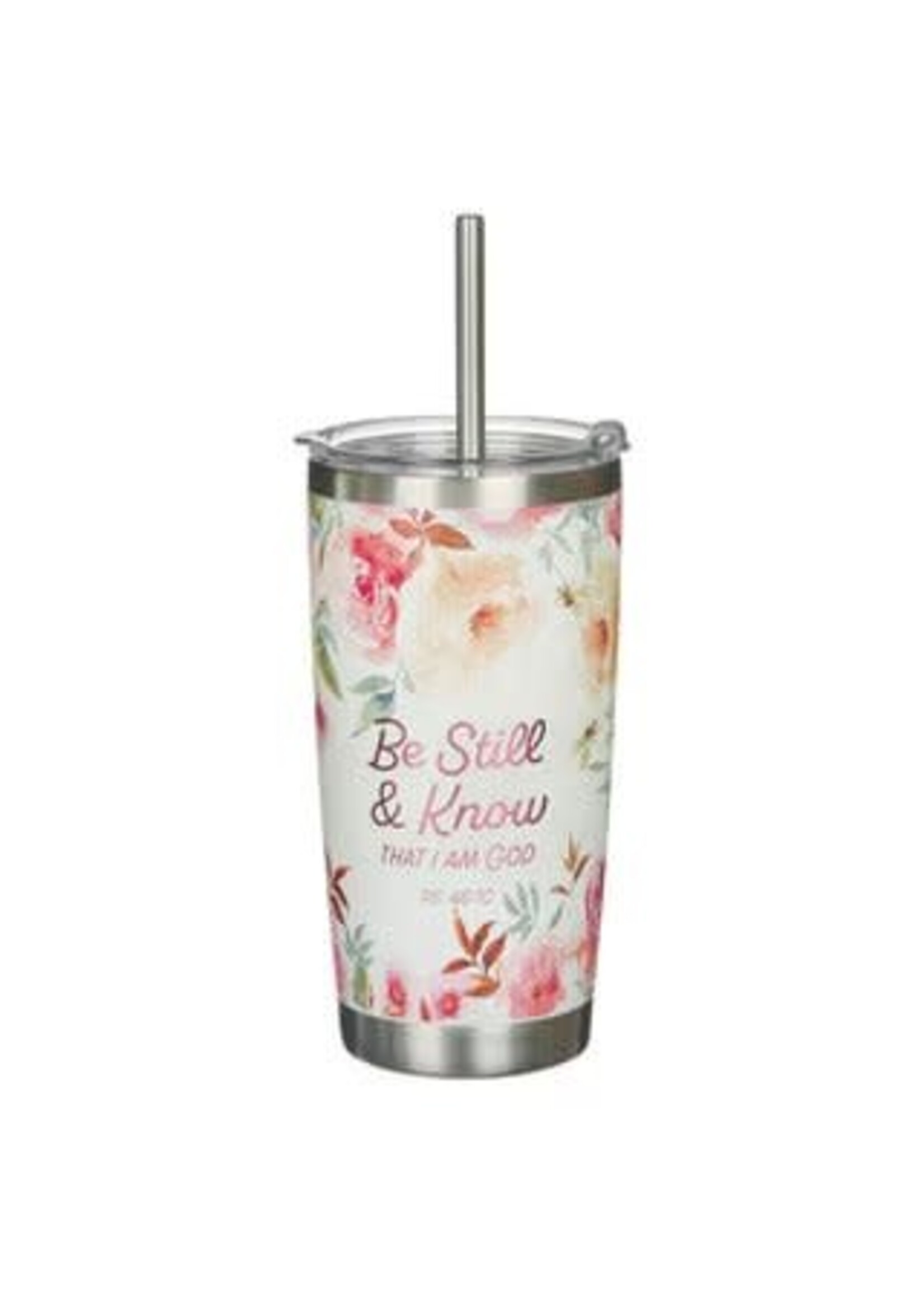 Be Still and Know Bright Floral Stainless Steel Travel Tumbler with Stainless Steel Straw - Psalm 46:10