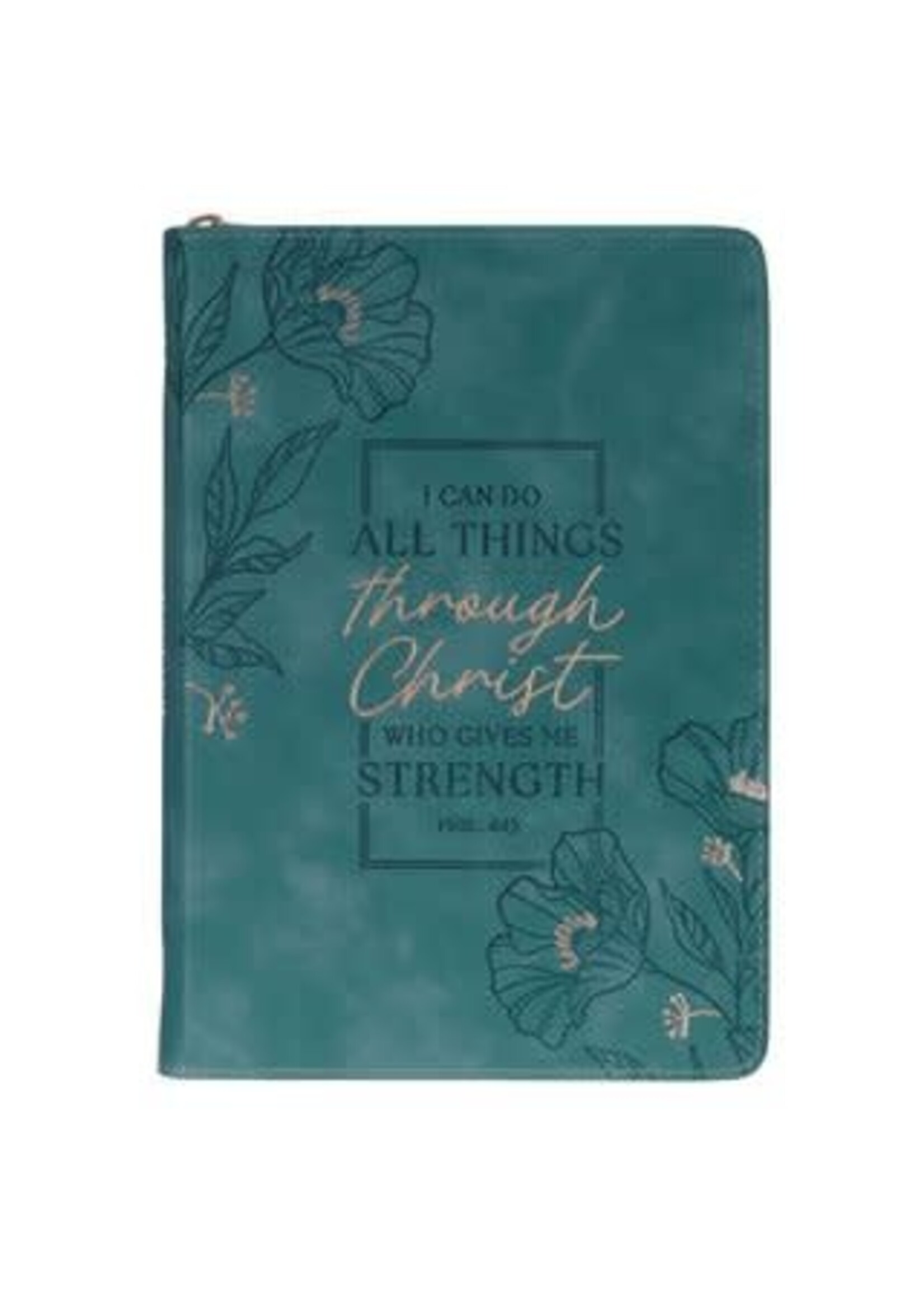 Through Christ Teal Faux Leather Journal with Zippered Closure - Philippians 4:13