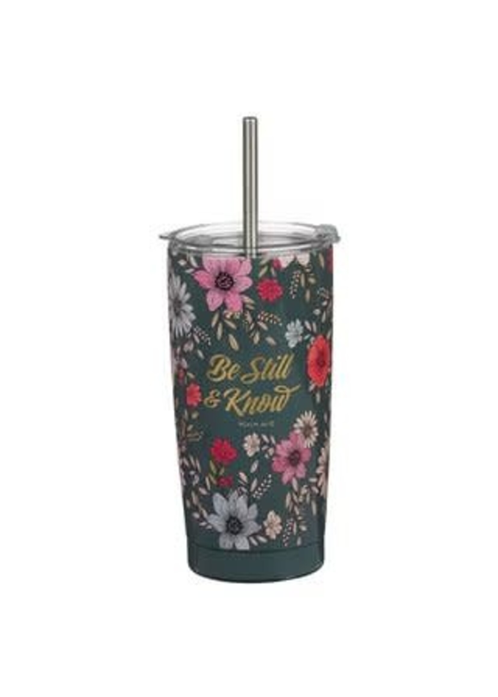 Be Still Teal Botanical Stainless Steel Tumbler With Reusable Straw - Psalm 46:10