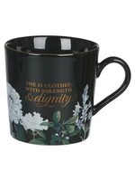 Strength and Dignity Black Floral Ceramic Coffee Mug - Proverbs 31:25